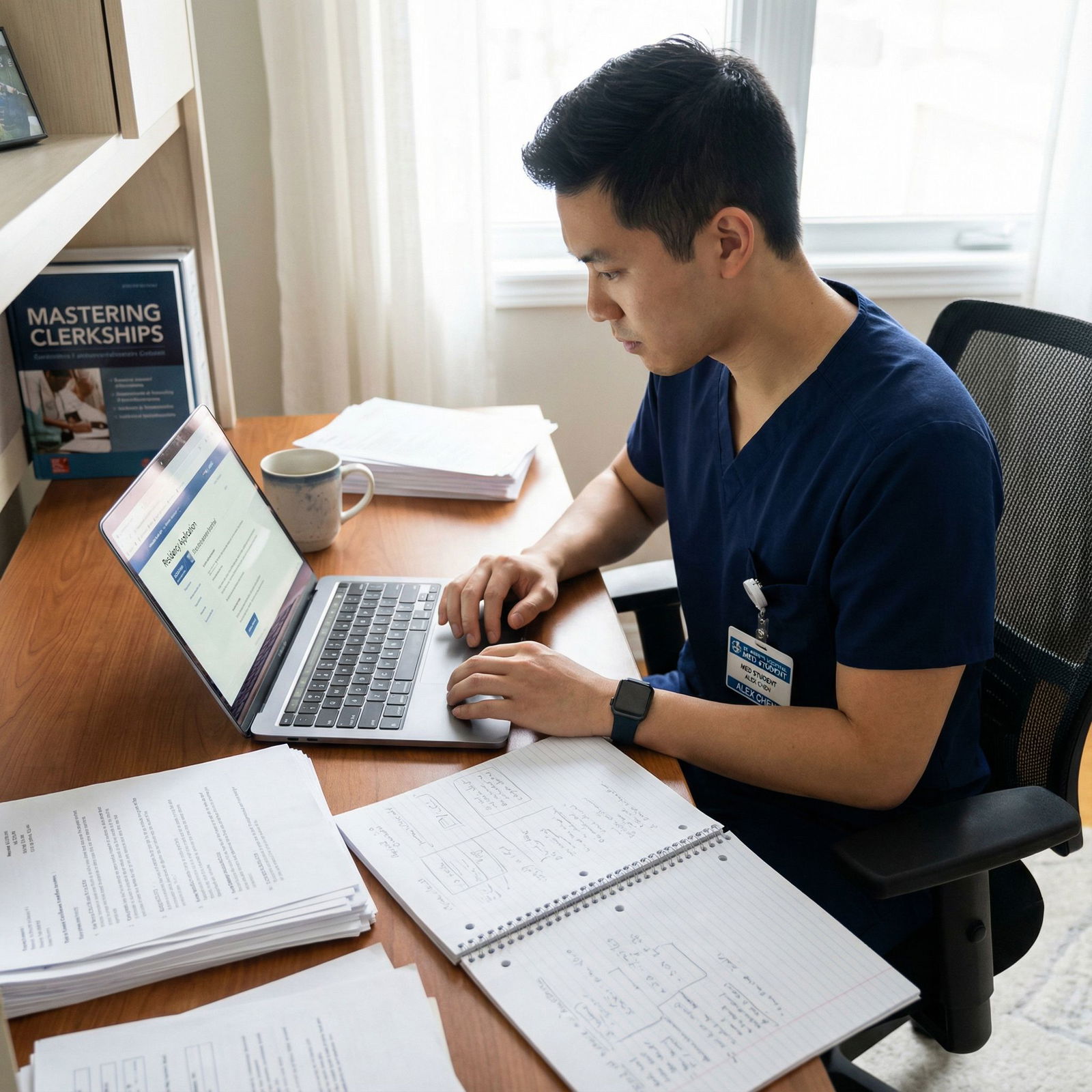 Medical student preparing residency application with clerkship notes Medical student preparing residency application with clerkship notes - Medical Education for Mastering Clerkships: A Strategi