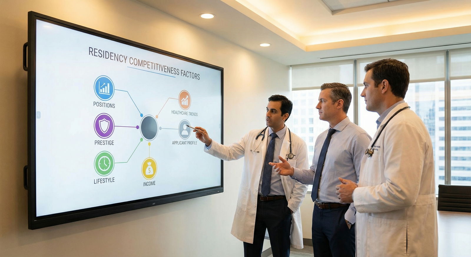 Graphic showing factors that influence residency competitiveness - medical specialties for Decoding Residency Match Challenge
