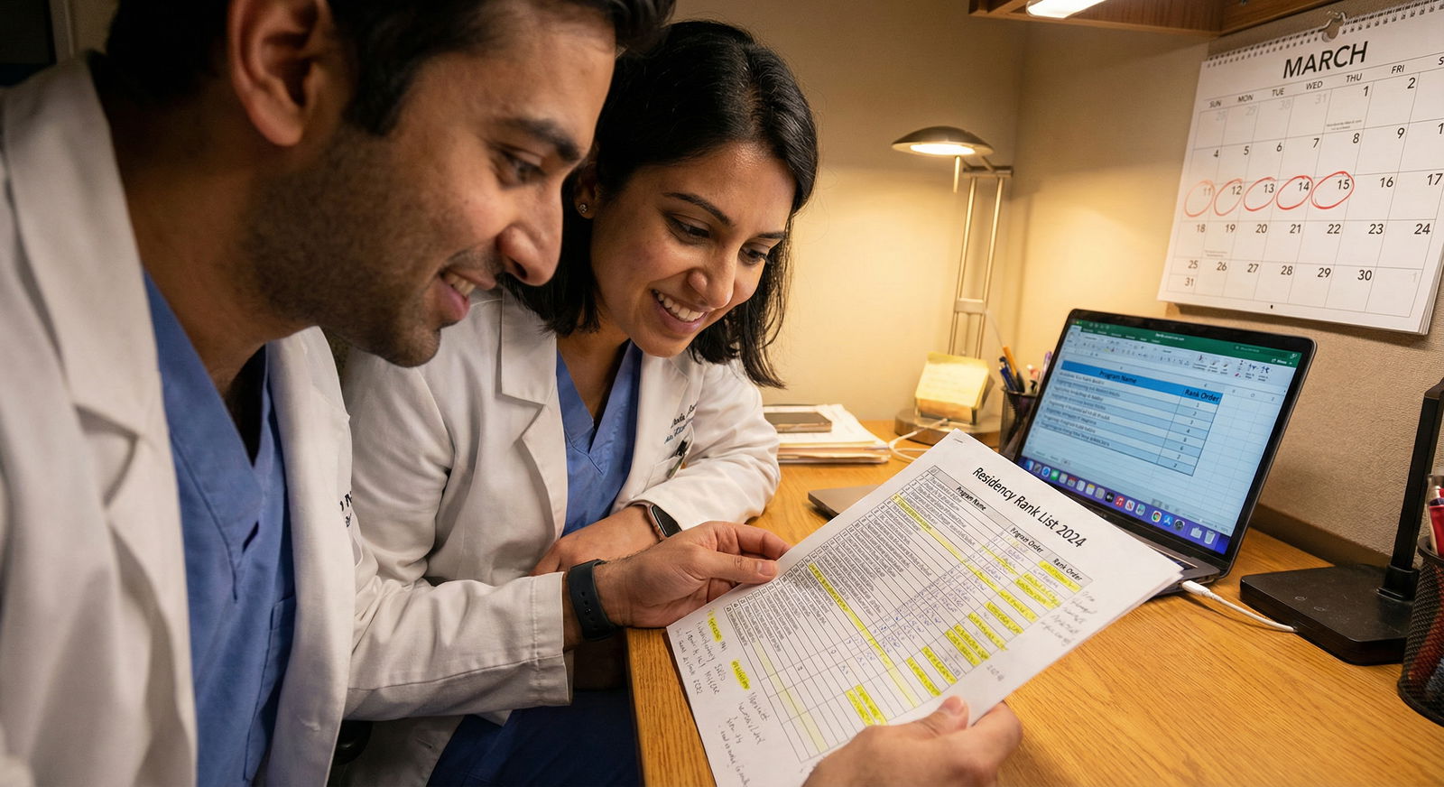 Medical couple reviewing residency rank list together - Couples Matching for Mastering Couples Matching: Success Strategies f