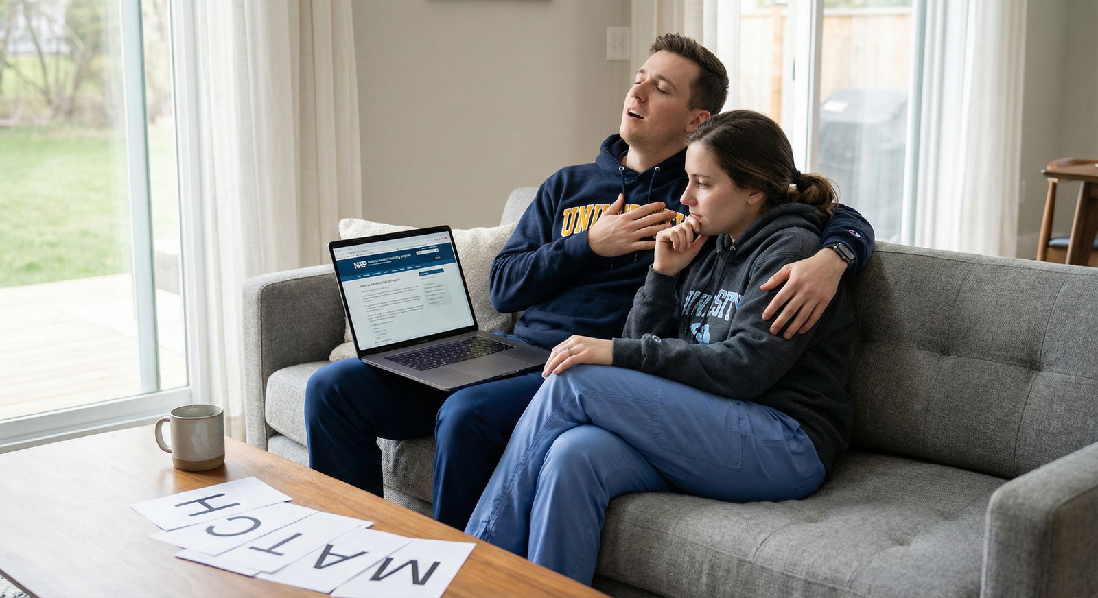 Medical couple reflecting on Match outcomes and planning next steps Medical couple reflecting on Match outcomes and planning next steps - Couples Match for Mastering the Couples Match: Essentia