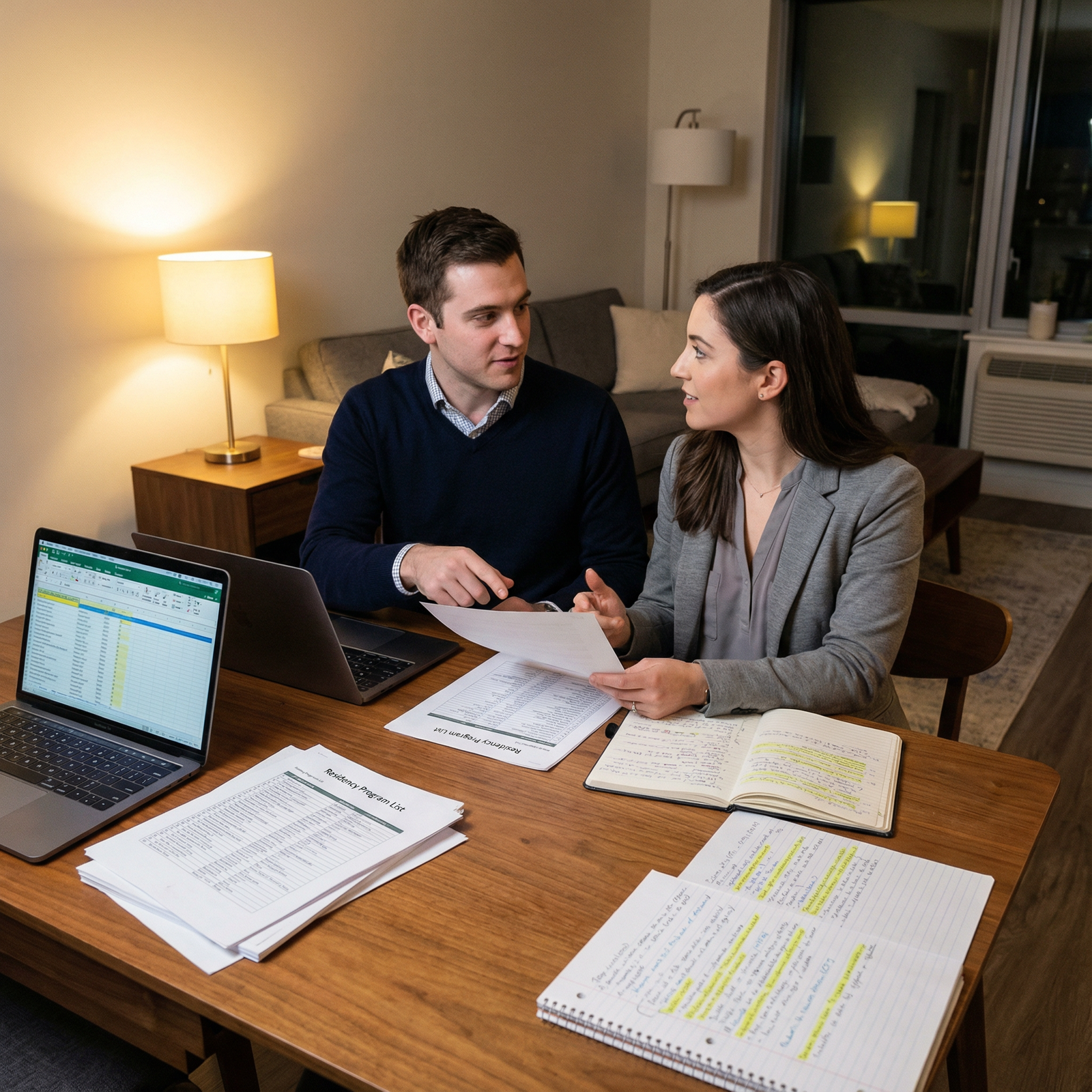 Medical couple reviewing residency interview notes and ranking programs - Residency Interviews for Mastering Residency Interv