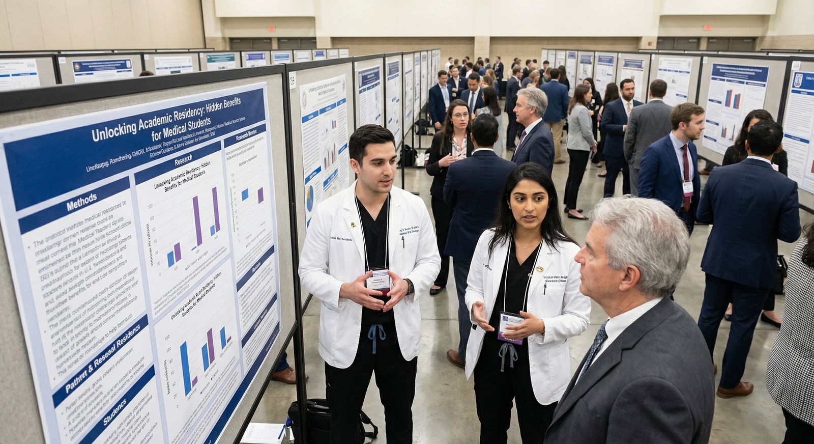 Medical residents presenting research poster at academic conference - Academic Programs for Unlocking Academic Residency: Hid