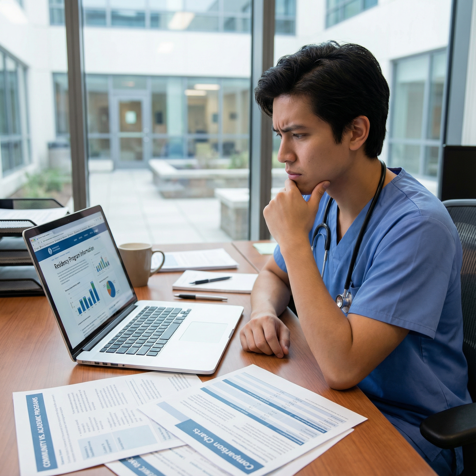 Medical resident reviewing residency options and planning career path Medical resident reviewing residency options and planning career path - Medical Education for Choosing Between Community and