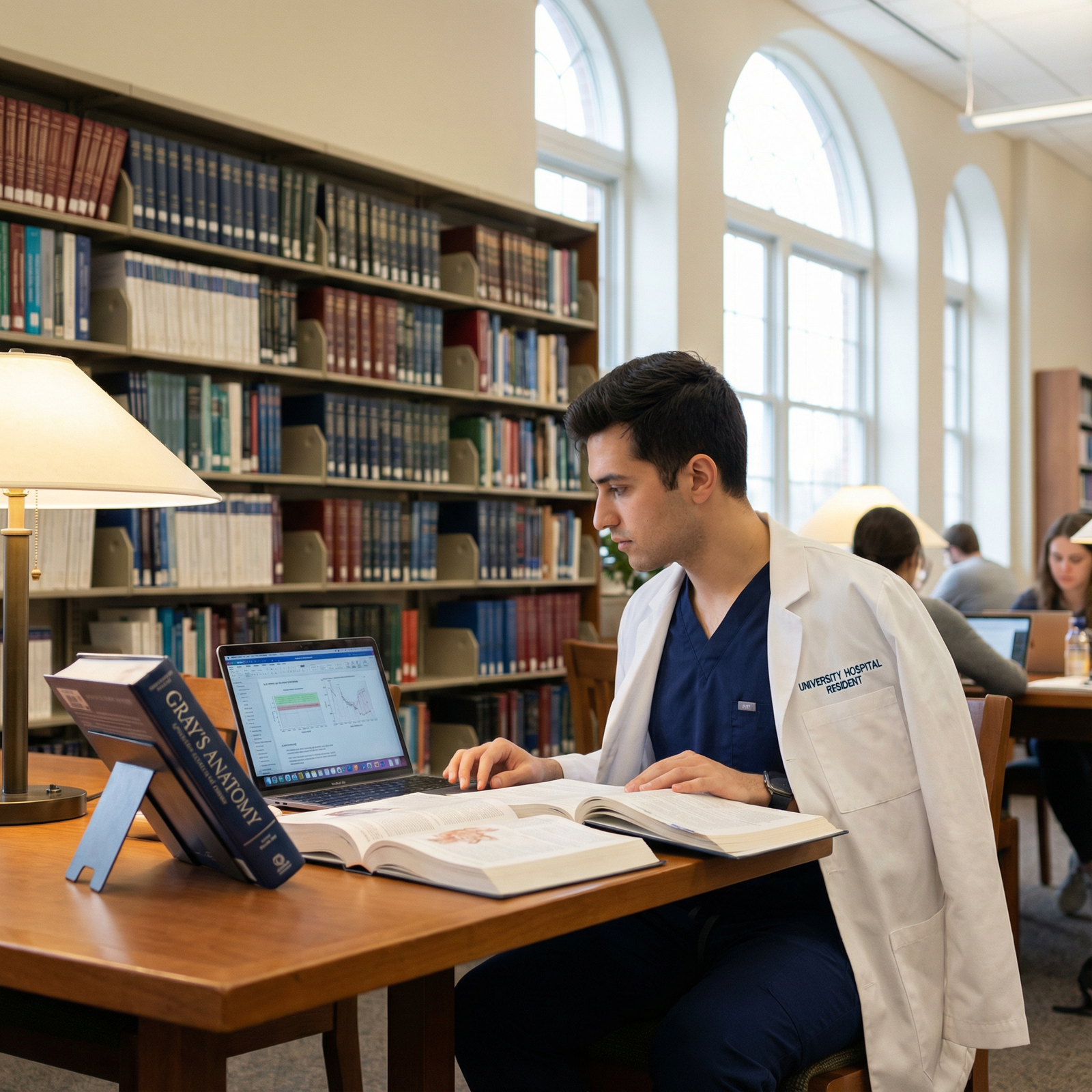 Medical resident studying in university medical library Medical resident studying in university medical library - Medical Education for Navigating Medical Education: Key Insights on