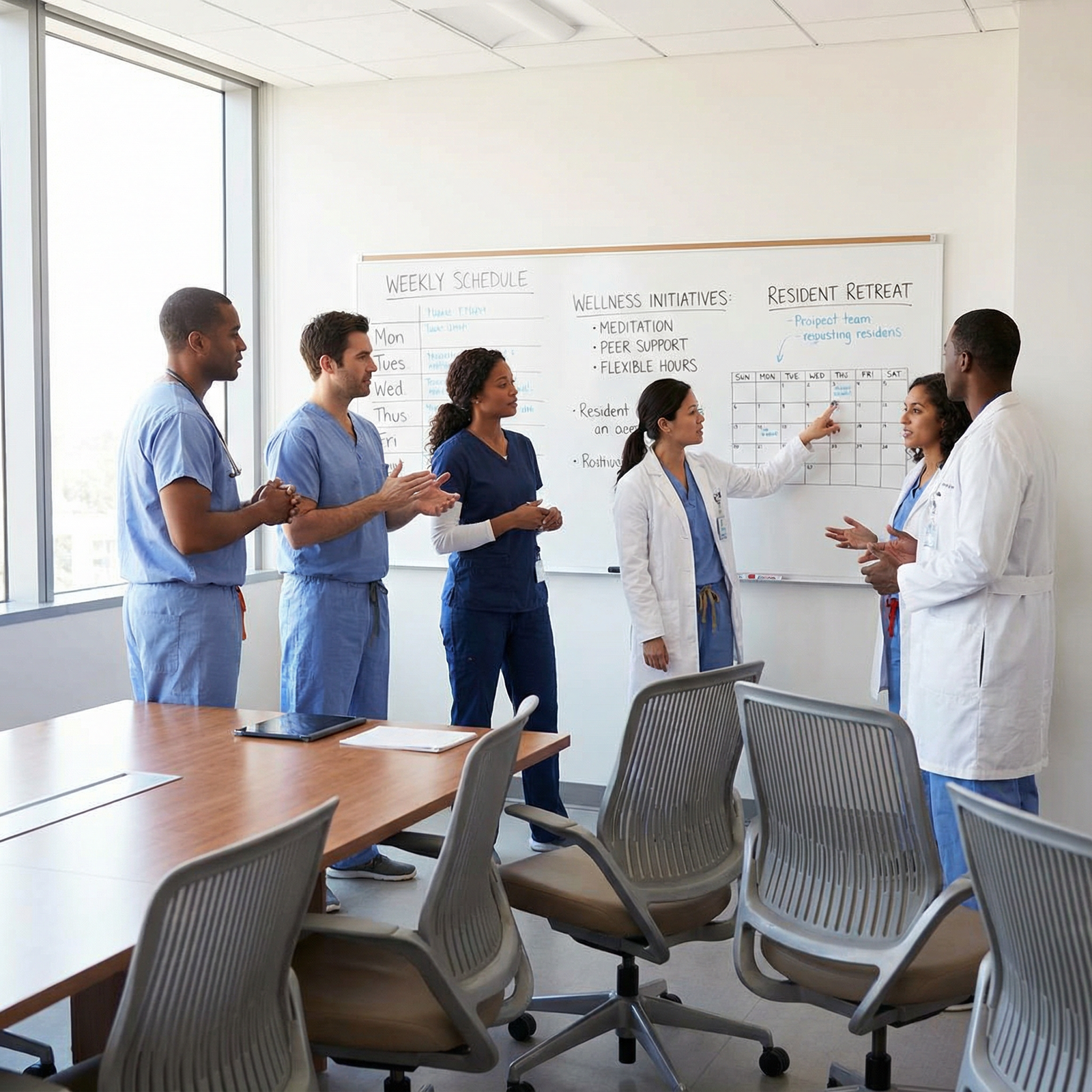Residents discussing call schedules and wellness initiatives - Residency Programs for Mastering Work-Life Balance in Residenc