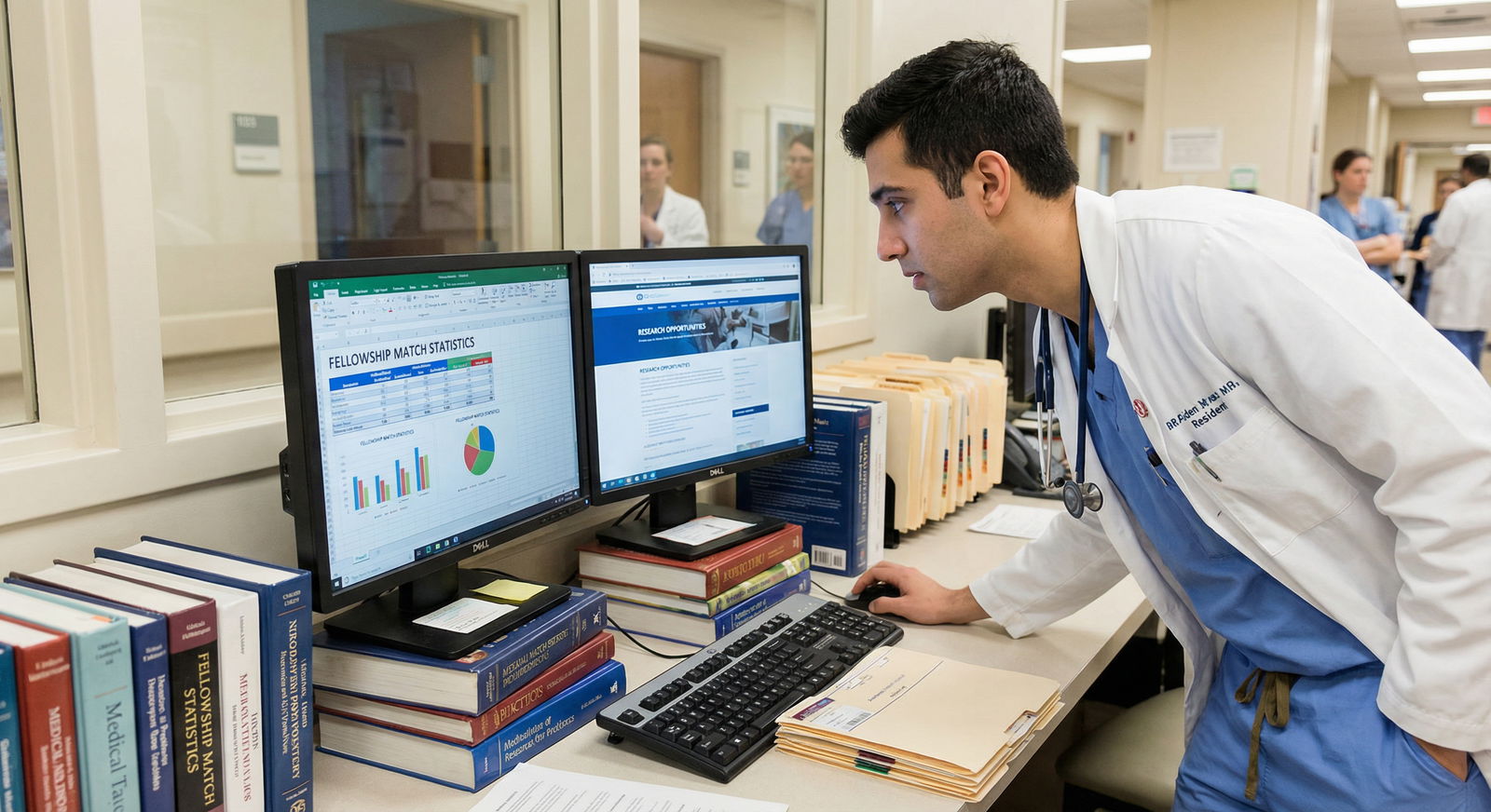 Resident exploring fellowship and research opportunities on a hospital computer - Residency Programs for Maximize Your Future