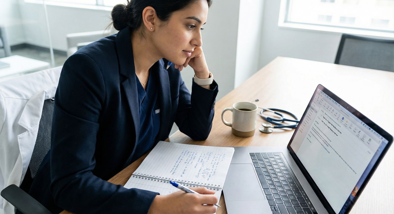 Medical student reviewing residency interview notes before writing thank-you emails - residency application for Nailing Your