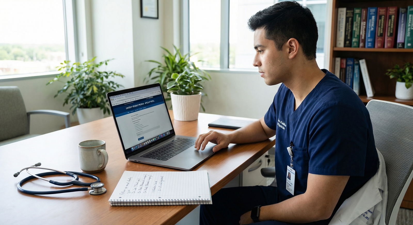 Resident reviewing program information and planning professional follow-up communication - Residency Interview for Mastering