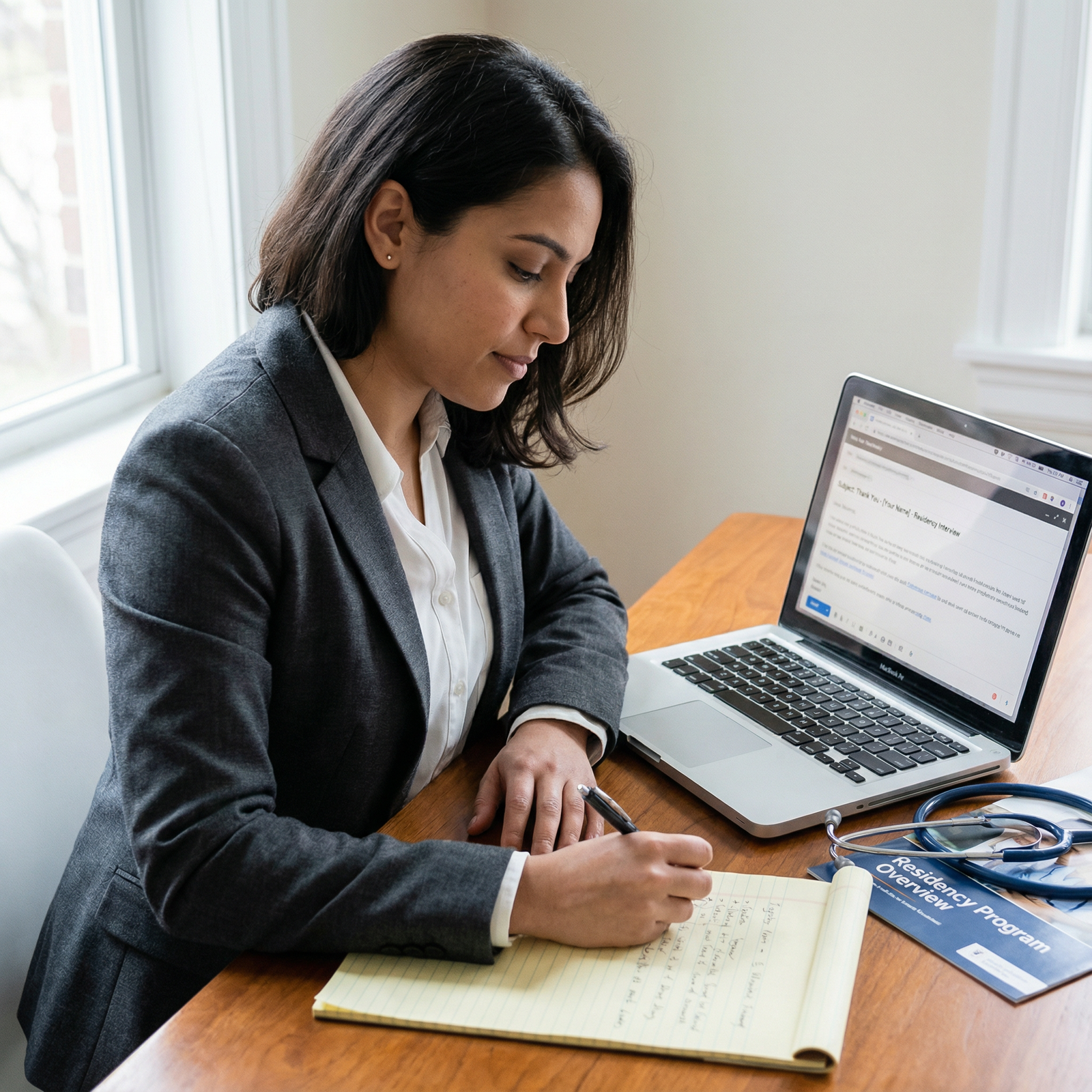 Medical student reviewing residency interview notes and drafting thank-you emails - Residency Applications for Boost Your Res