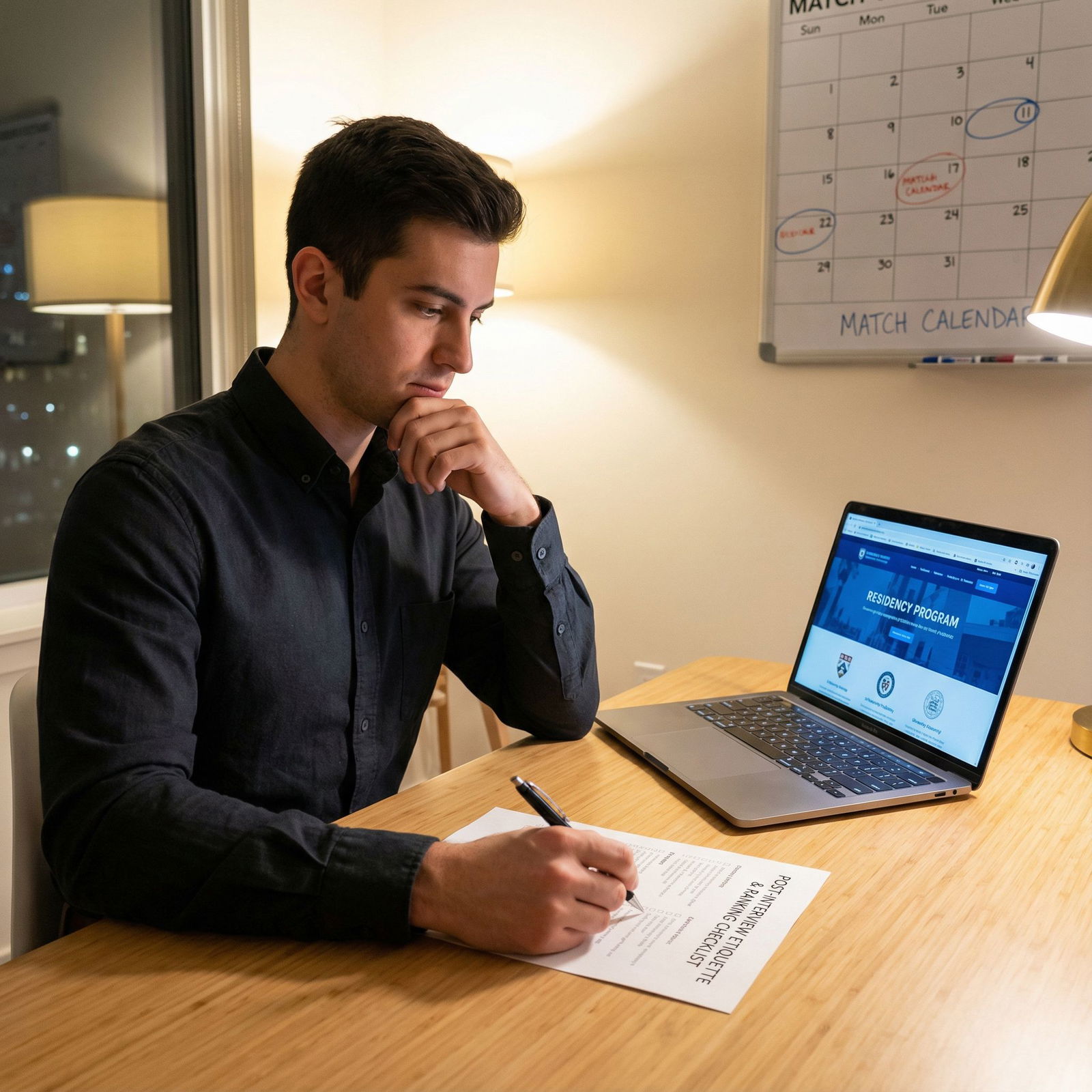 Residency applicant reviewing checklist for post-interview communication and ranking decisions - post-interview etiquette for