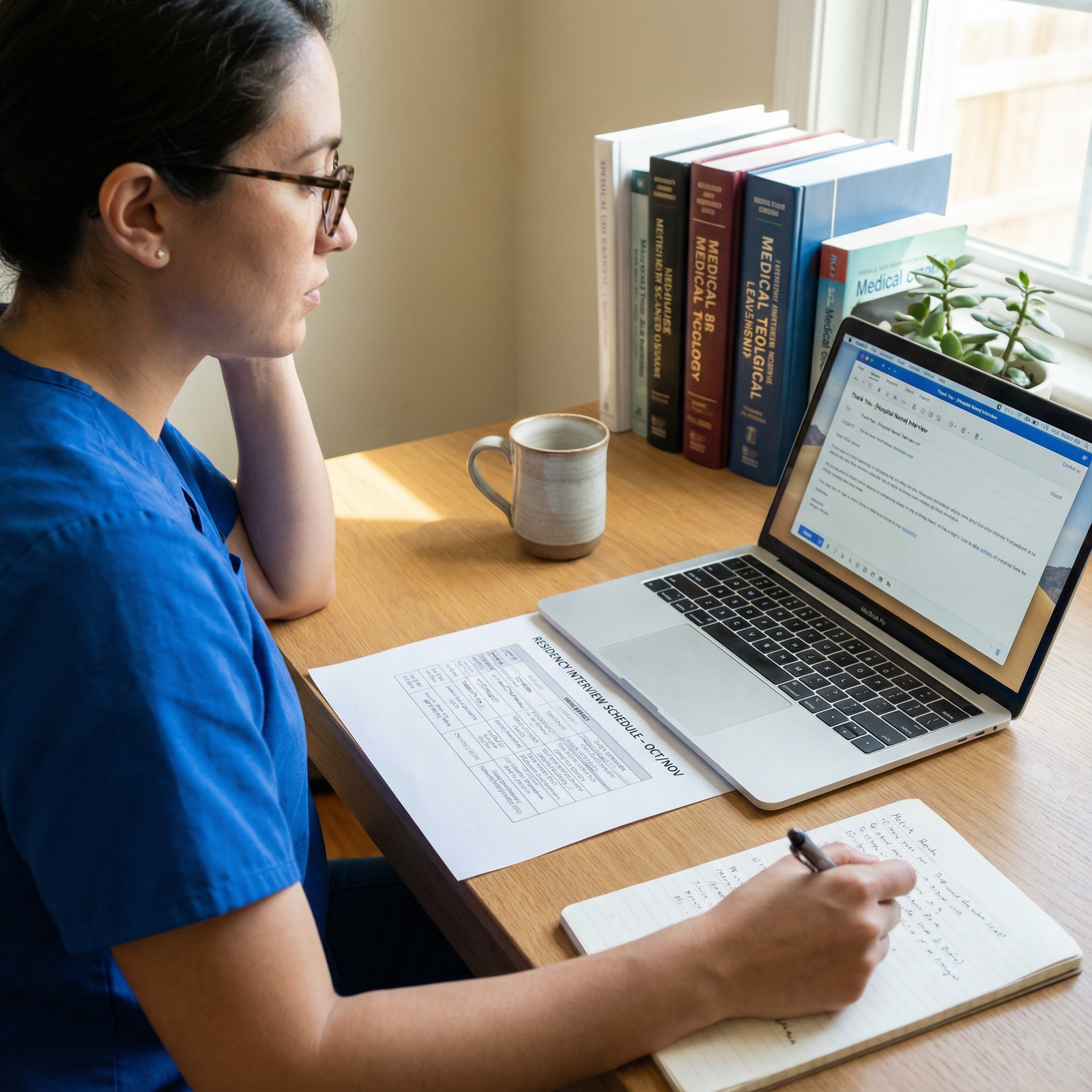 Medical residency applicant reviewing notes and planning follow-up communication - Thank-You Notes for Mastering Thank-You No