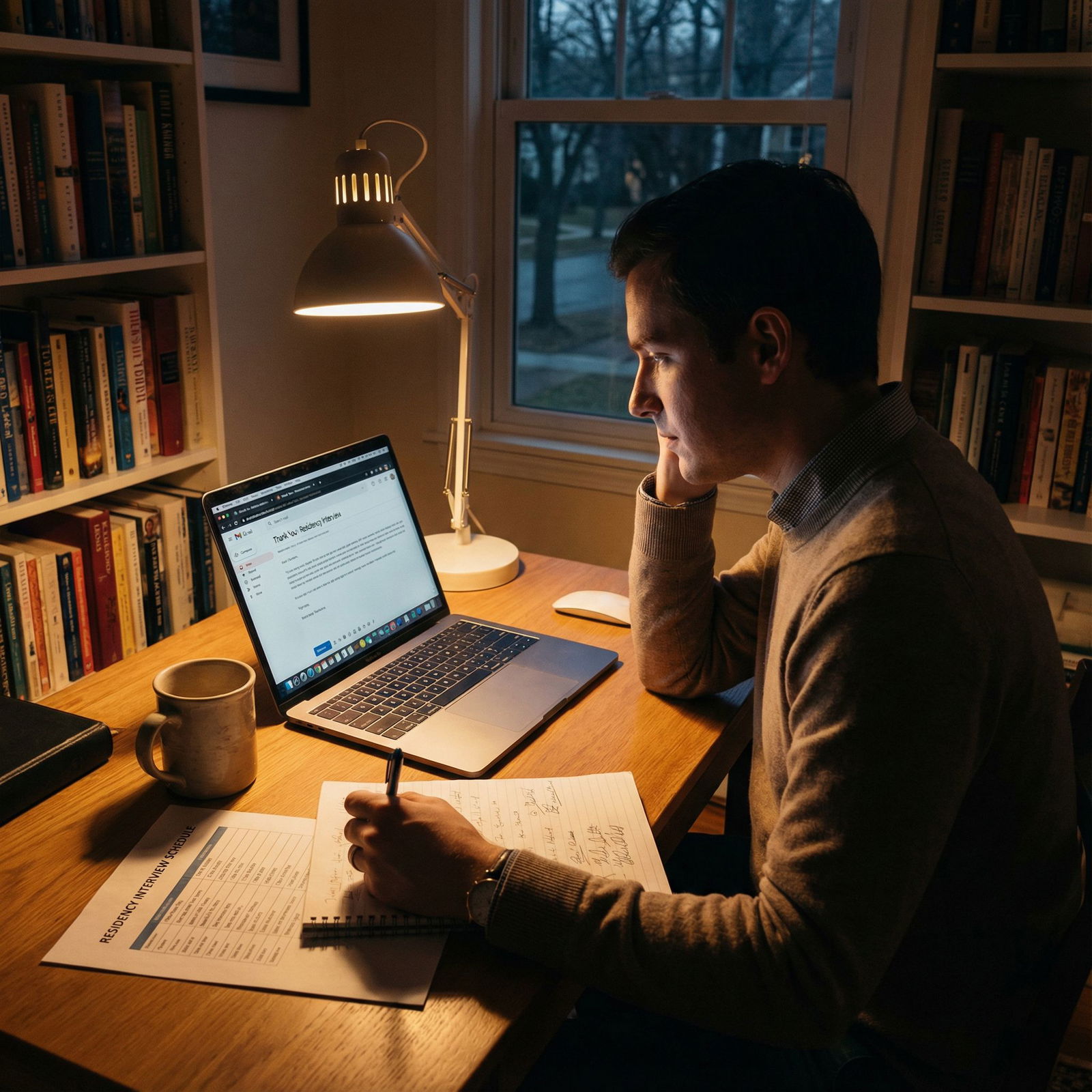 Residency applicant reviewing notes and drafting personalized thank-you emails before Match Day - Residency Interview for Cra
