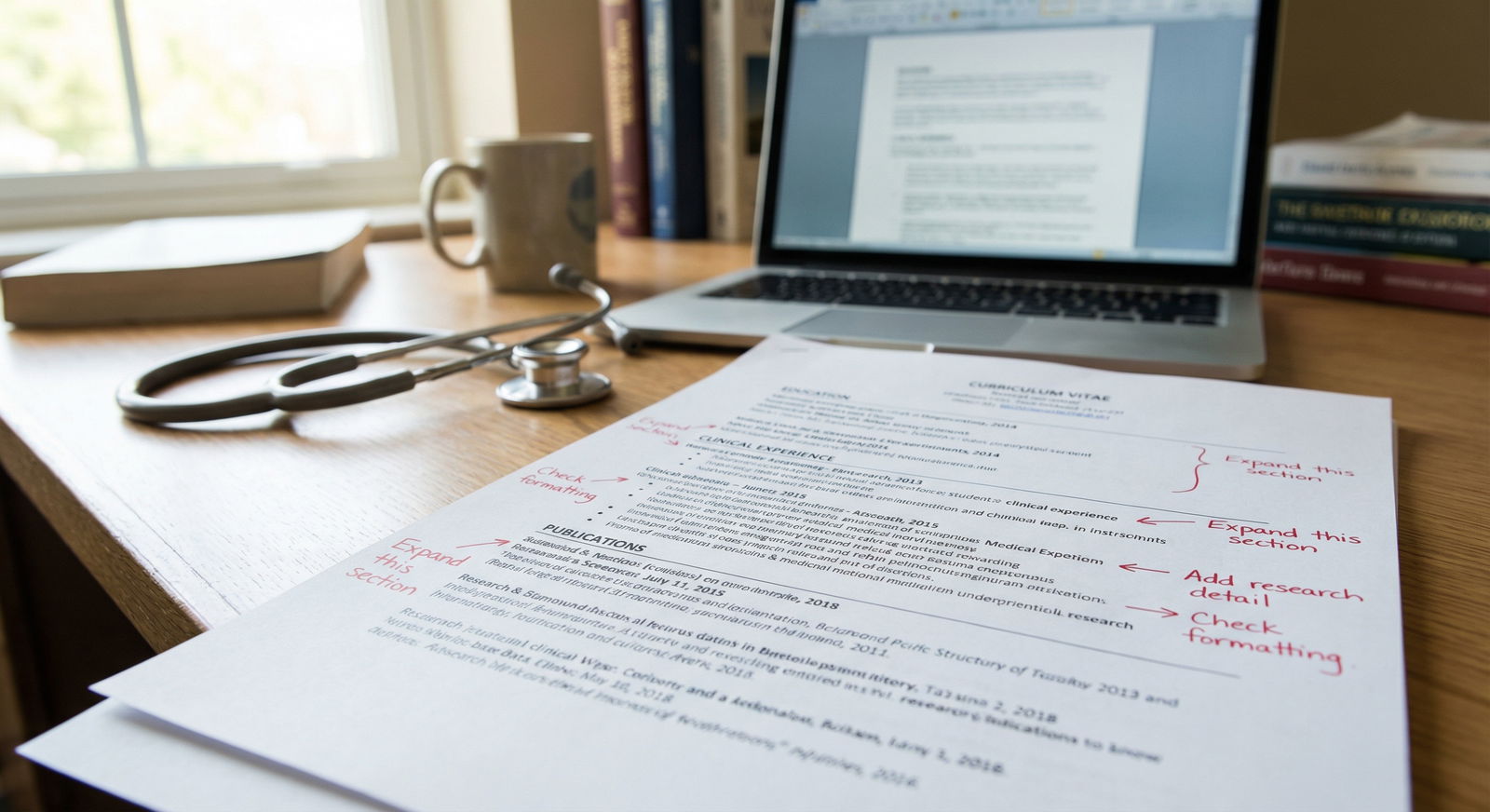 Close-up of a residency CV with annotations and edits - CV Writing for Essential CV Writing Tips for Medical Students: Elevat