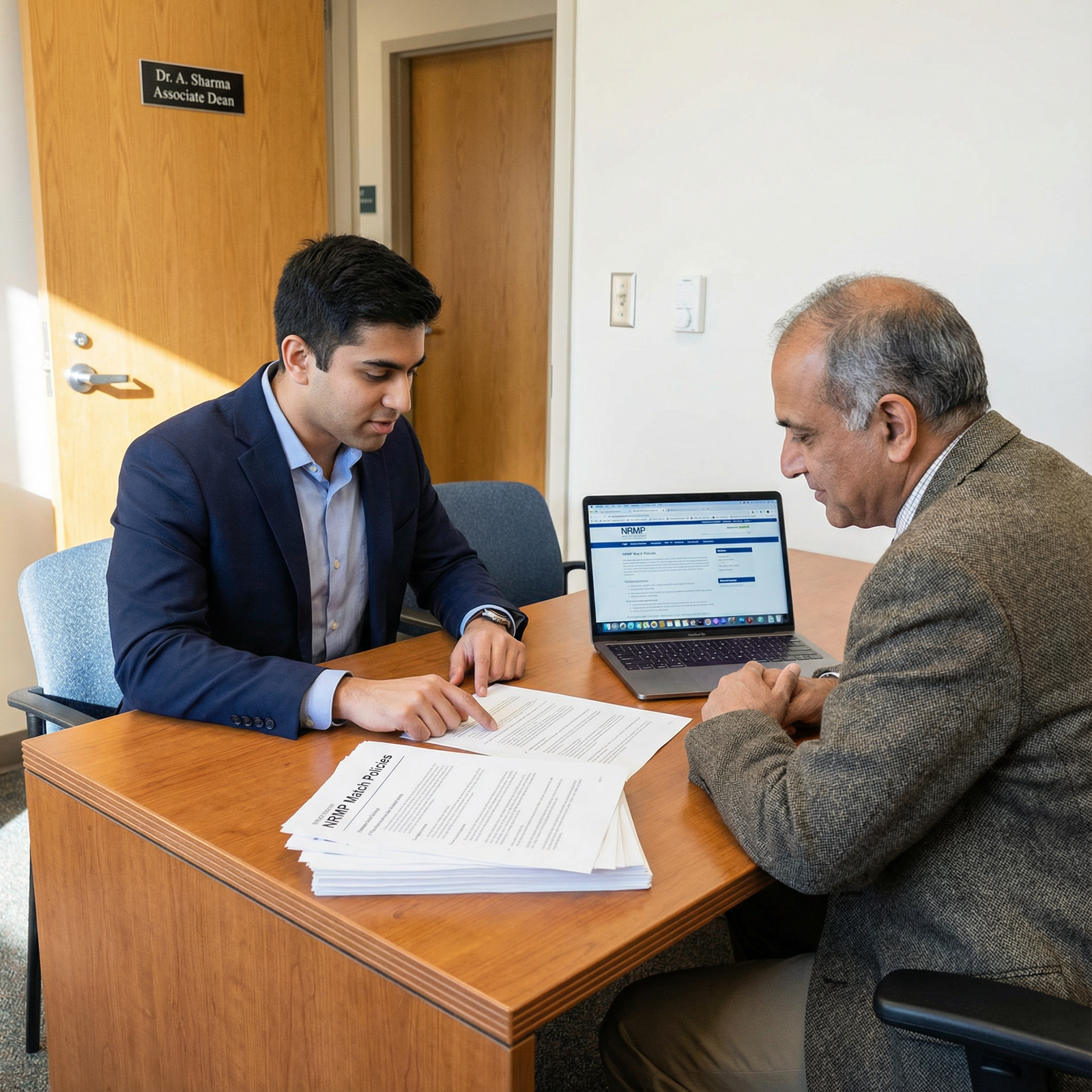 Residency applicant meeting with advisor to discuss NRMP compliance - NRMP for Avoiding NRMP Mistakes: Protect Your Residency