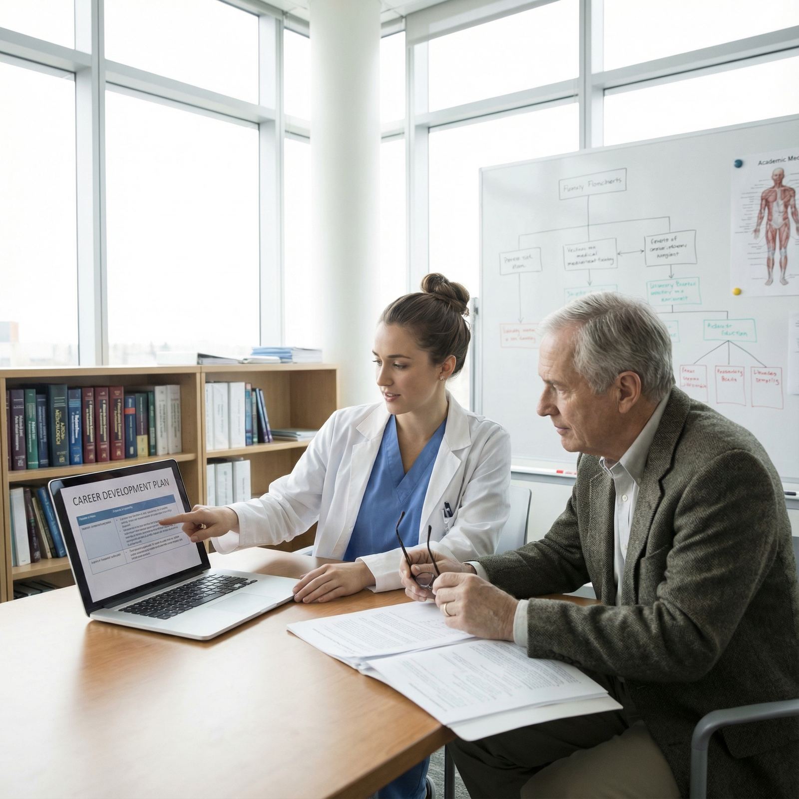 Resident physician discussing mentorship and career planning with faculty advisor Resident physician discussing mentorship and career planning with faculty advisor - Residency Offers for Essential Questions