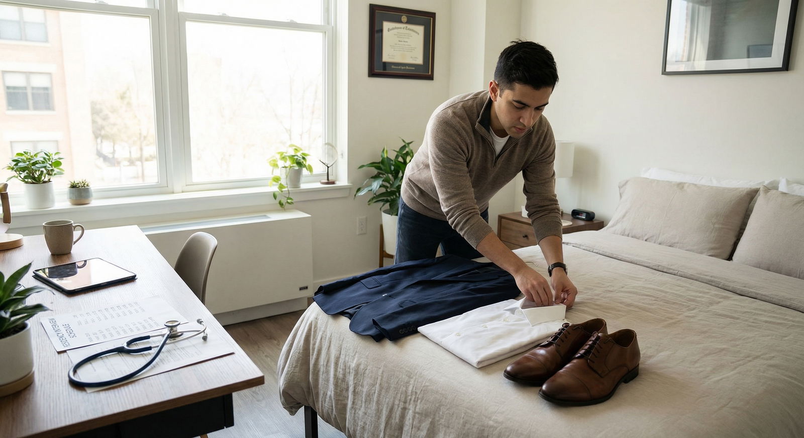 Medical student preparing professional attire for residency interview - Residency Interviews for Mastering Professional Attir