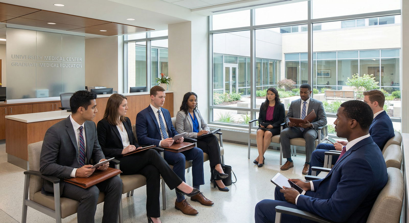 Medical residency applicants in professional business attire waiting for interviews - Residency Interviews for Mastering Prof