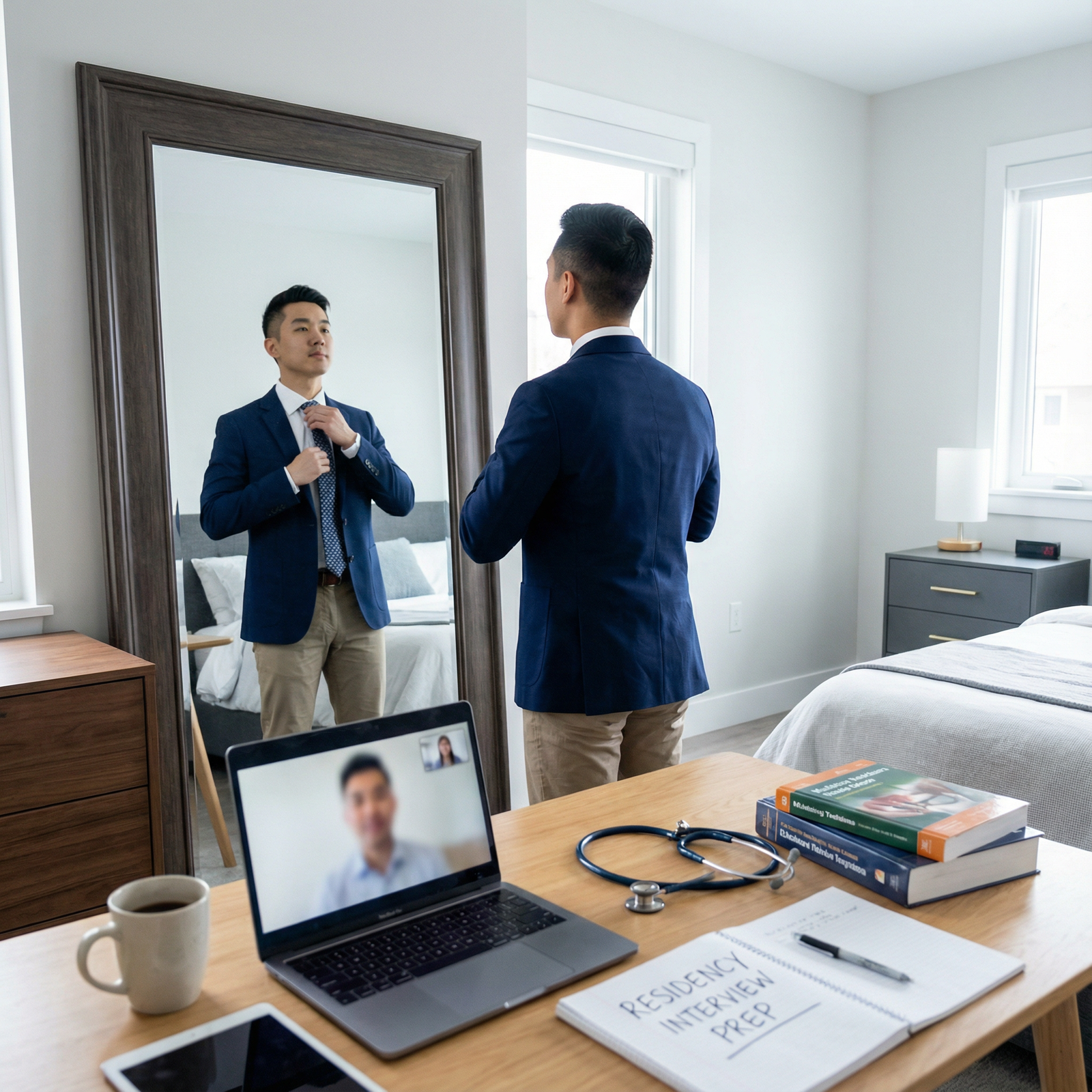 Medical student checking professional interview outfit before residency interview - Residency Interviews for Mastering Profes