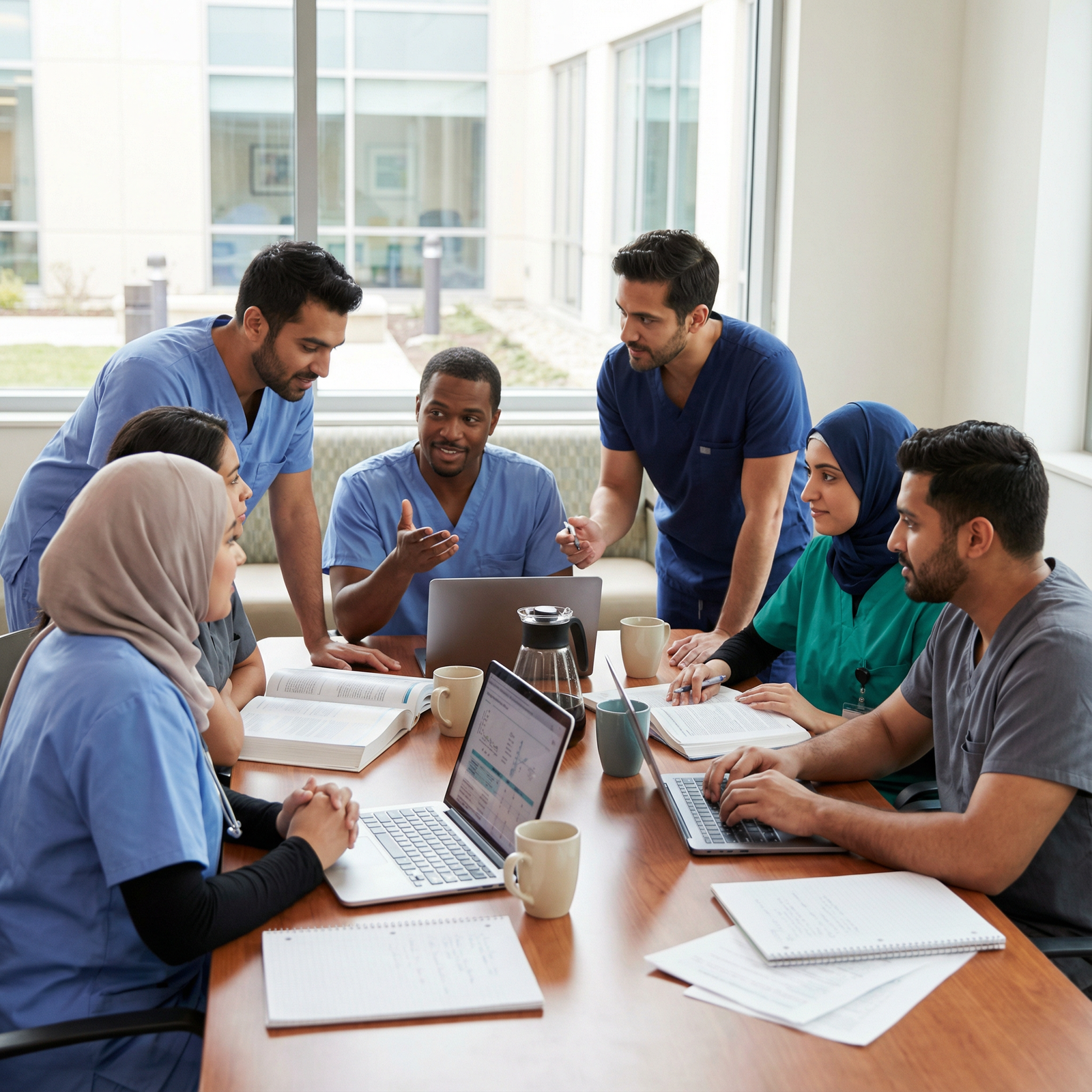 IMG residents connecting and studying together in a hospital lounge IMG residents connecting and studying together in a hospital lounge - IMG Residents for Mastering Stress Management: Essentia