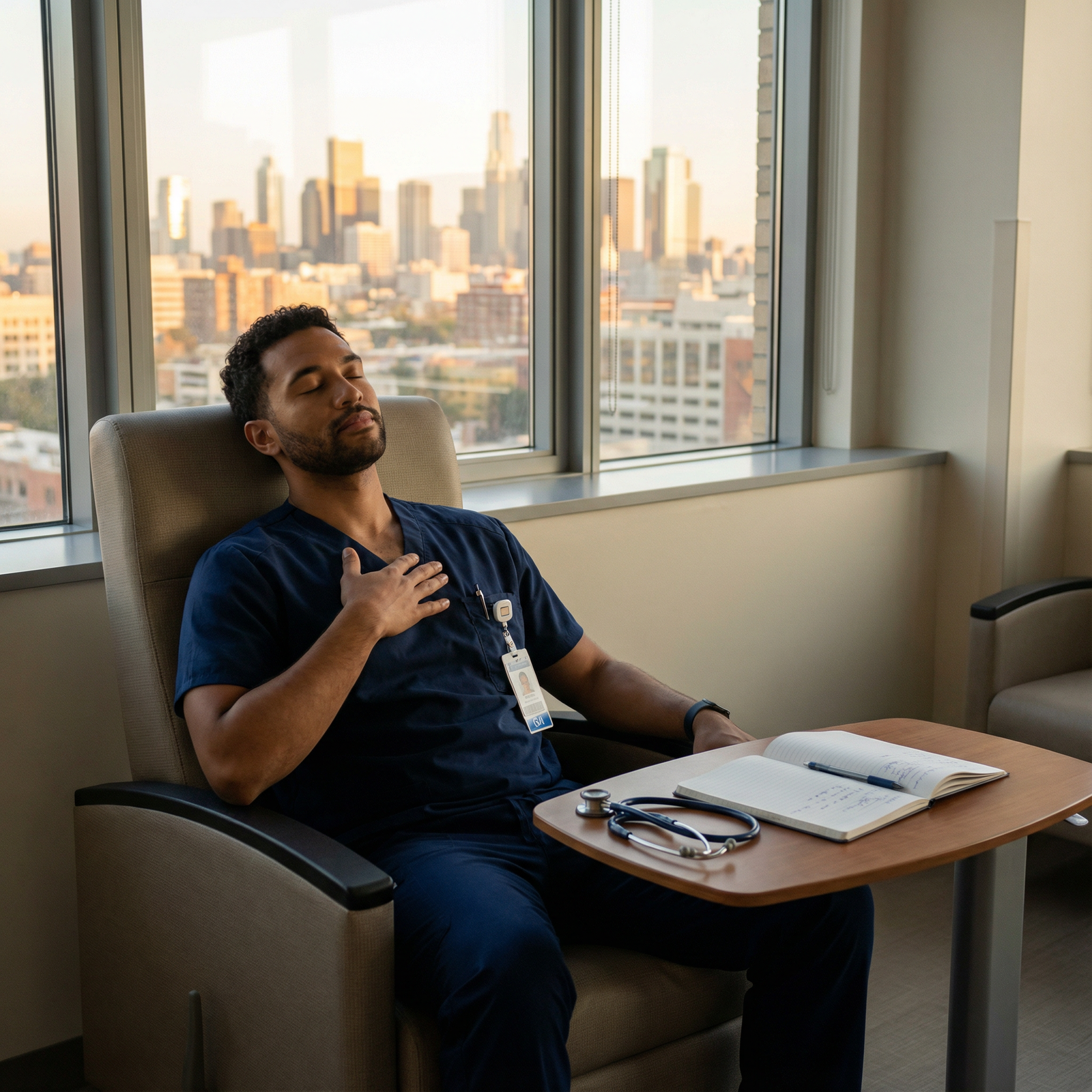 IMG resident practicing mindfulness and reflection after hospital shift IMG resident practicing mindfulness and reflection after hospital shift - IMG Residency for Mastering IMG Residency: Essentia