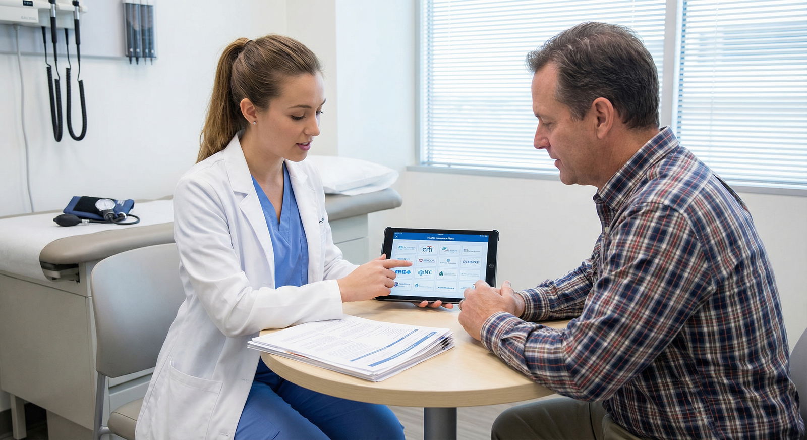 IMG physician discussing insurance options with a patient IMG physician discussing insurance options with a patient - International Medical Graduates for Navigating the U.S. Healthcar