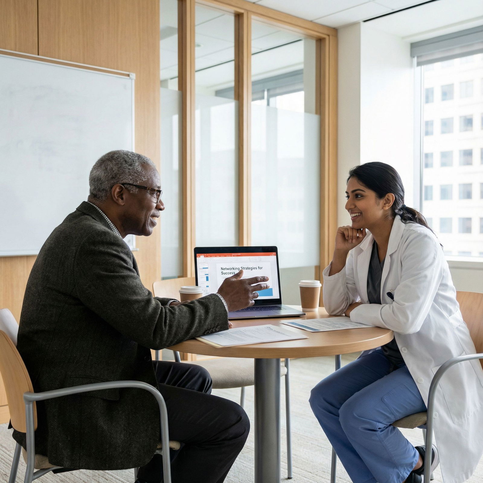 Resident and mentor meeting in a hospital conference room Resident and mentor meeting in a hospital conference room - Networking for Unlock Your Residency Potential: Networking Strate
