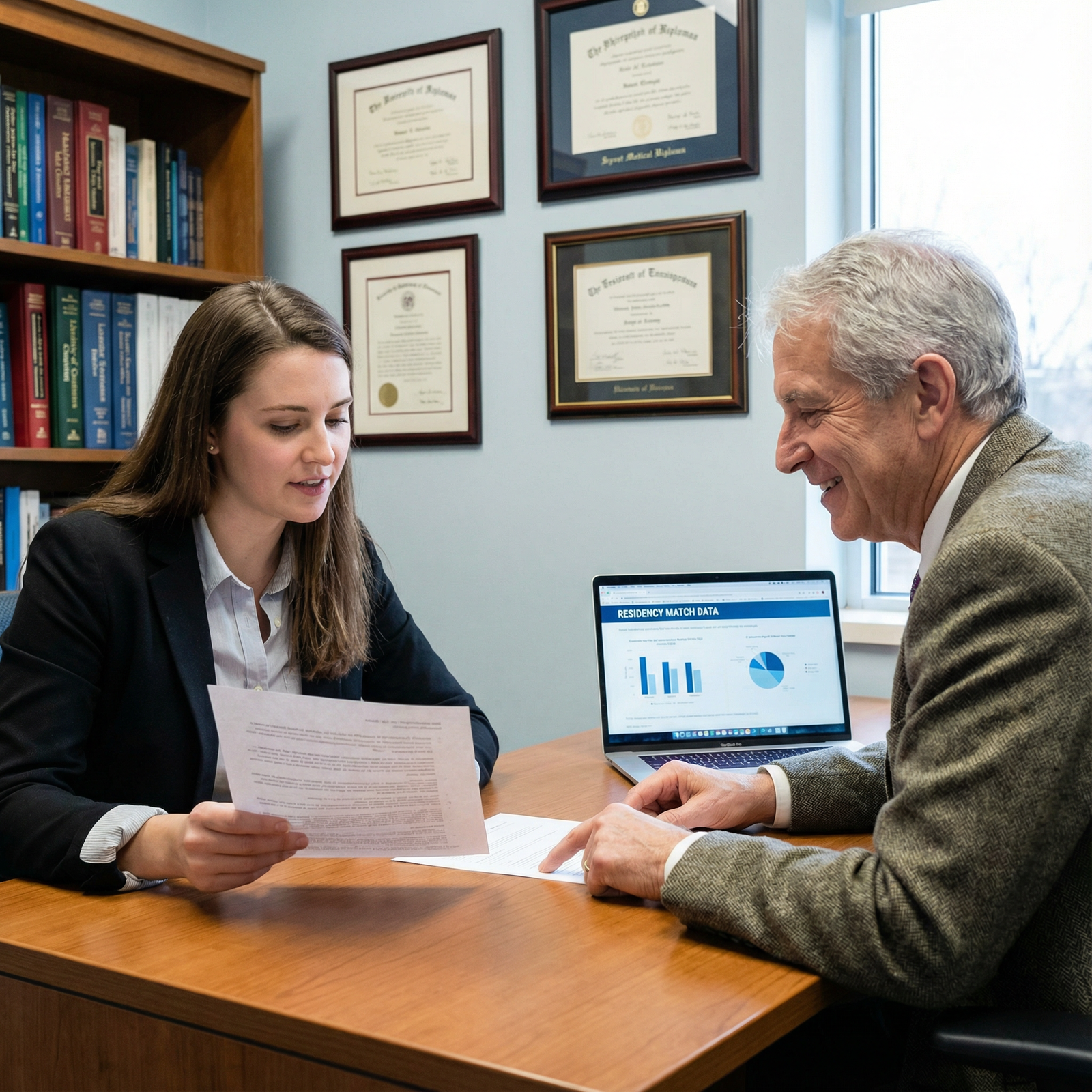 Medical graduate meeting with mentor to review residency application - Medical Careers for Unmatched After Residency? Navigat