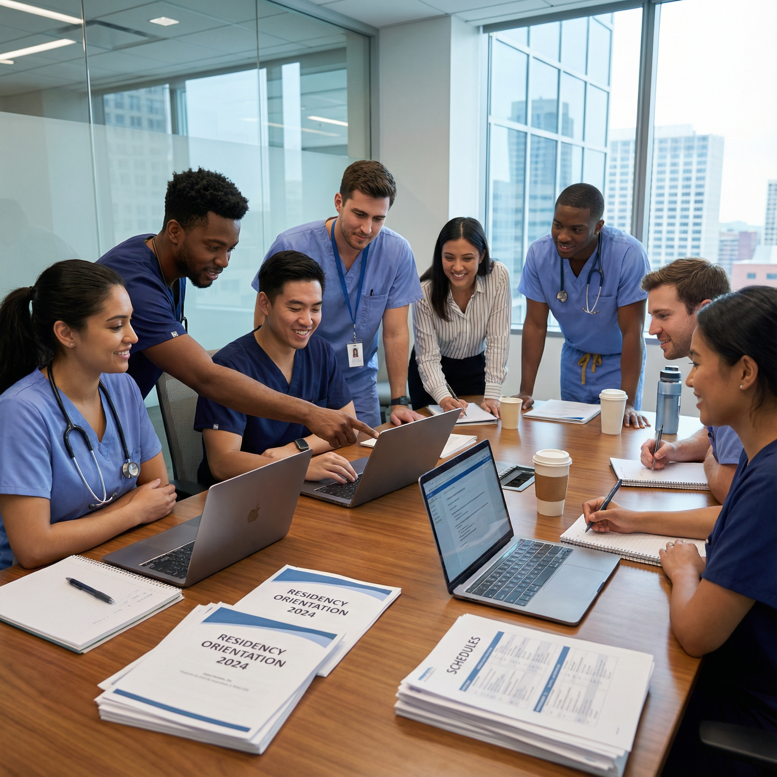 Incoming residents collaborating and reviewing resources together Incoming residents collaborating and reviewing resources together - Residency Preparation for Mastering Residency Prep: Key T