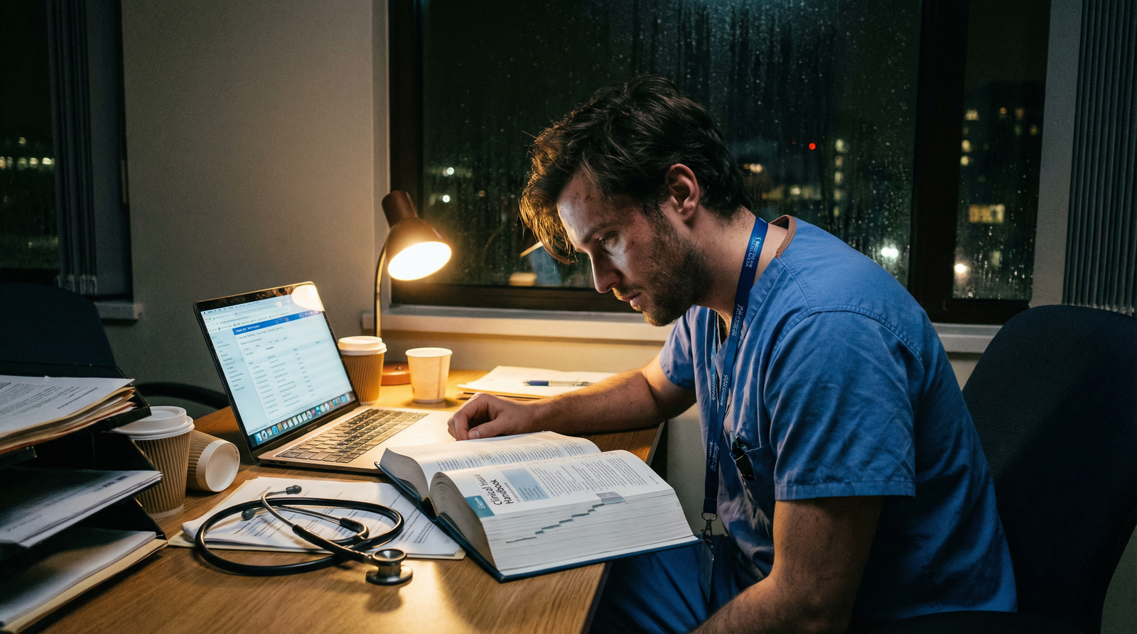 Resident physician reflecting and studying during residency transition - Match Day for Navigating Match Day and Your Residenc