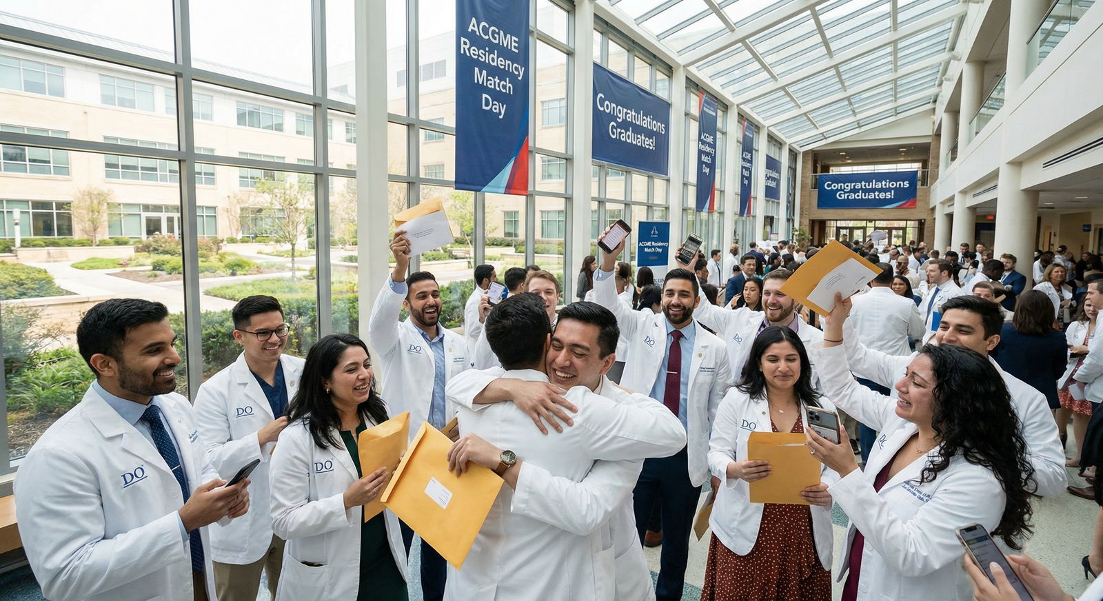Osteopathic graduate celebrating Match Day with peers Osteopathic graduate celebrating Match Day with peers - ACGME Residency for Unlocking ACGME Residency: A DO Student's Guide t