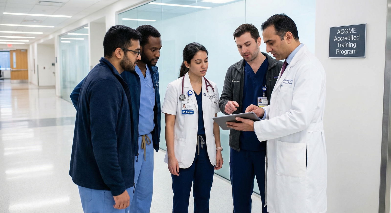 Osteopathic medical student on clinical rotation with supervising physician Osteopathic medical student on clinical rotation with supervising physician - ACGME Residency for Essential Strategies for DO