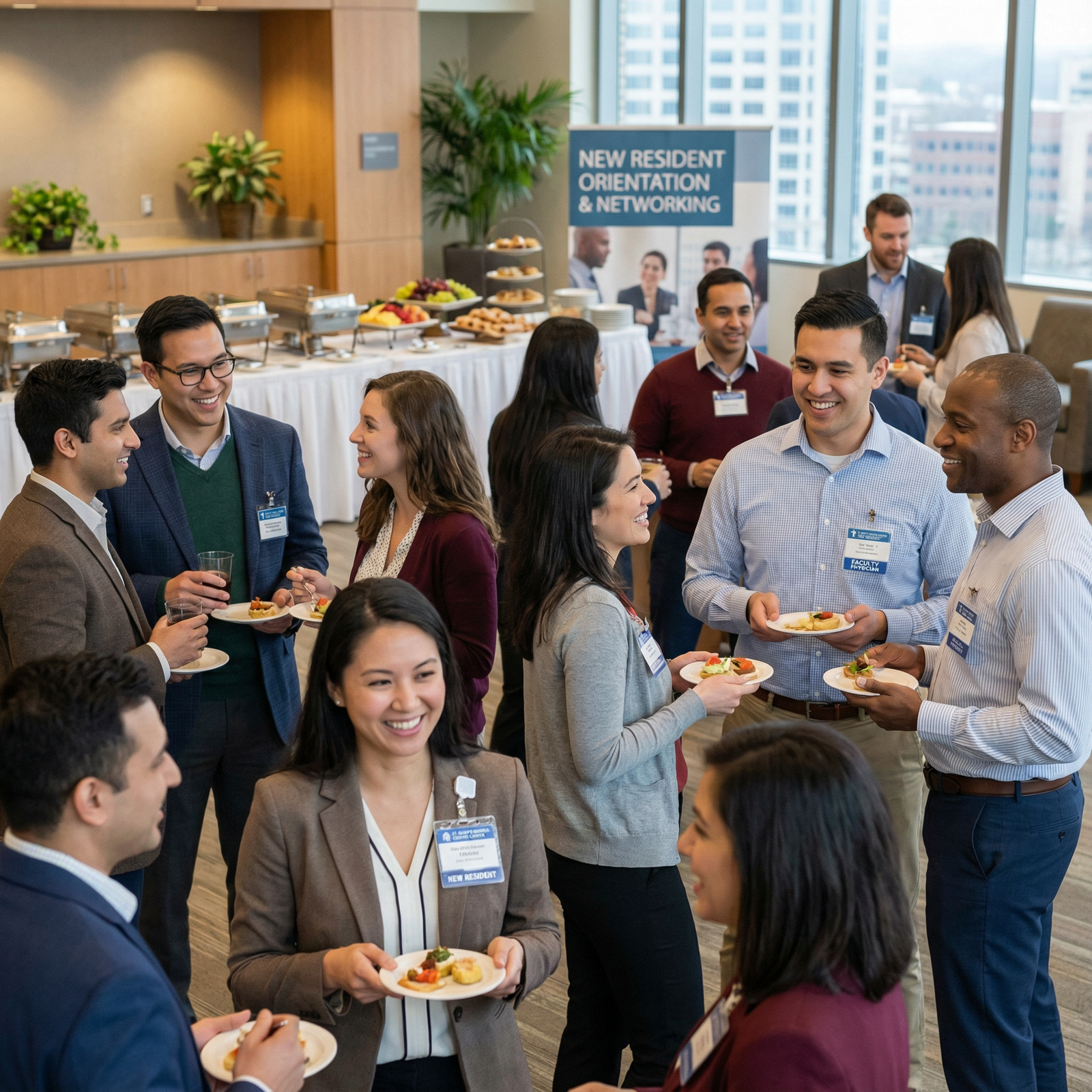 Residents networking during a hospital orientation event Residents networking during a hospital orientation event - Networking in Medicine for Mastering Post-Match Networking: Unlock