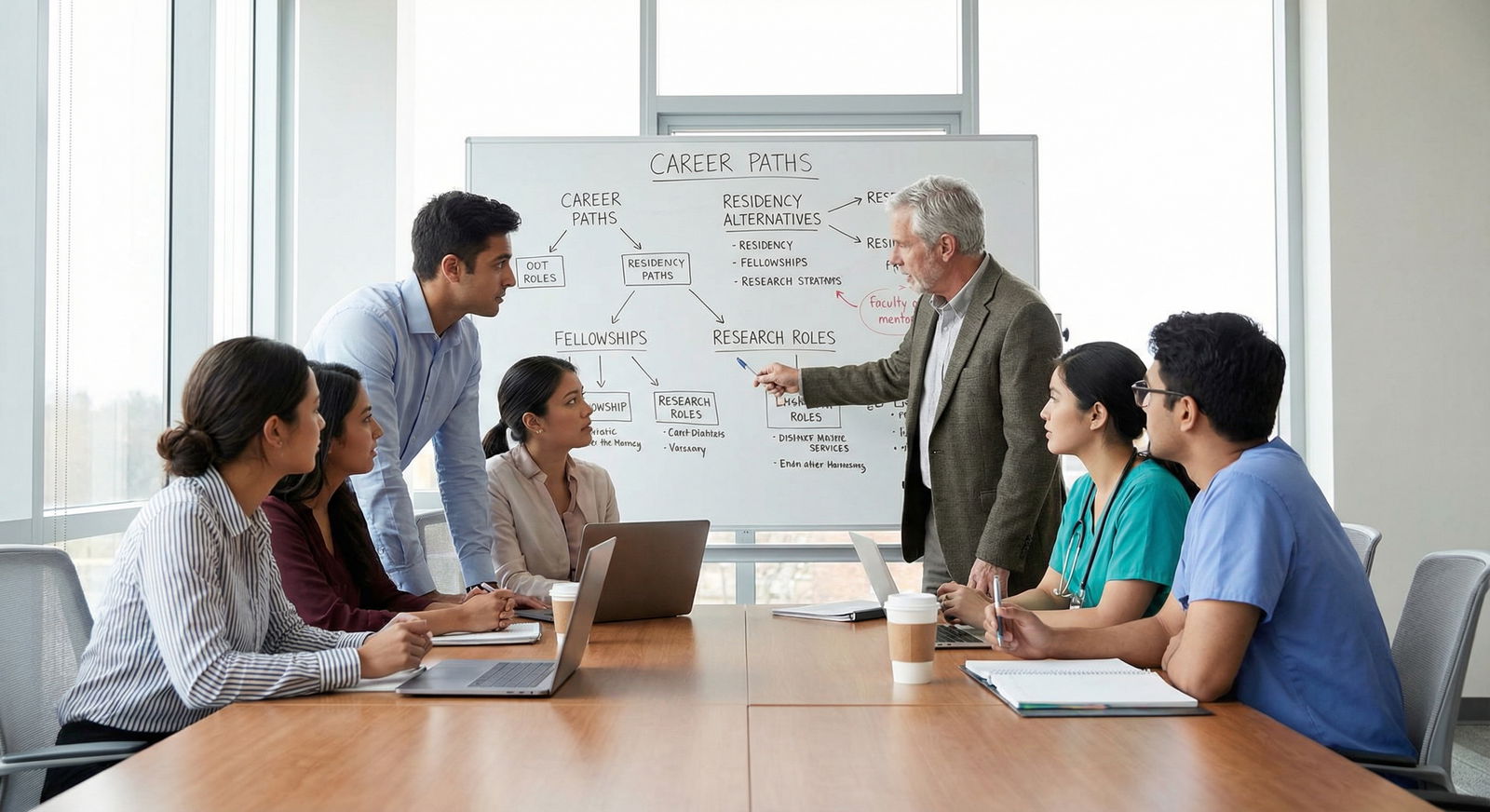 Medical residents and unmatched graduates discussing future career paths Medical residents and unmatched graduates discussing future career paths - Unmatching for Transforming Unmatching: Inspiring