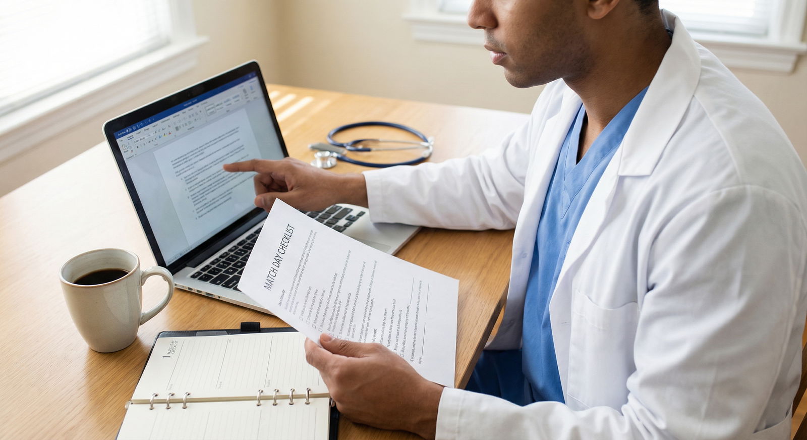 Medical student reviewing Match Day checklist at desk - Match Day for Essential Match Day Checklist for Medical Students: You