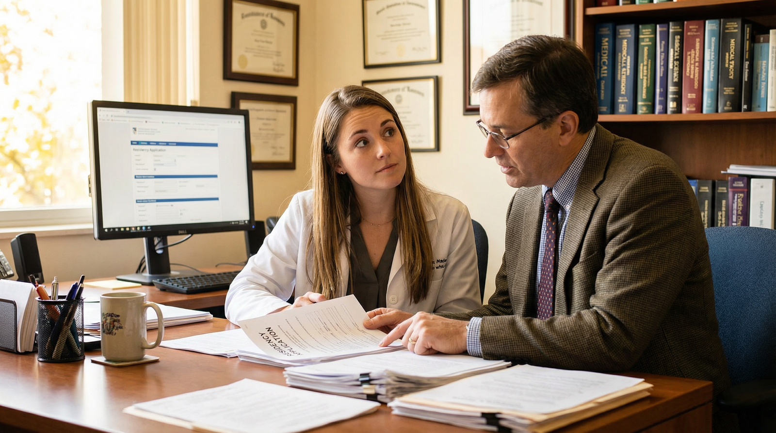 Resident applicant discussing academic challenges with mentor - Residency Application for Transforming Residency Application