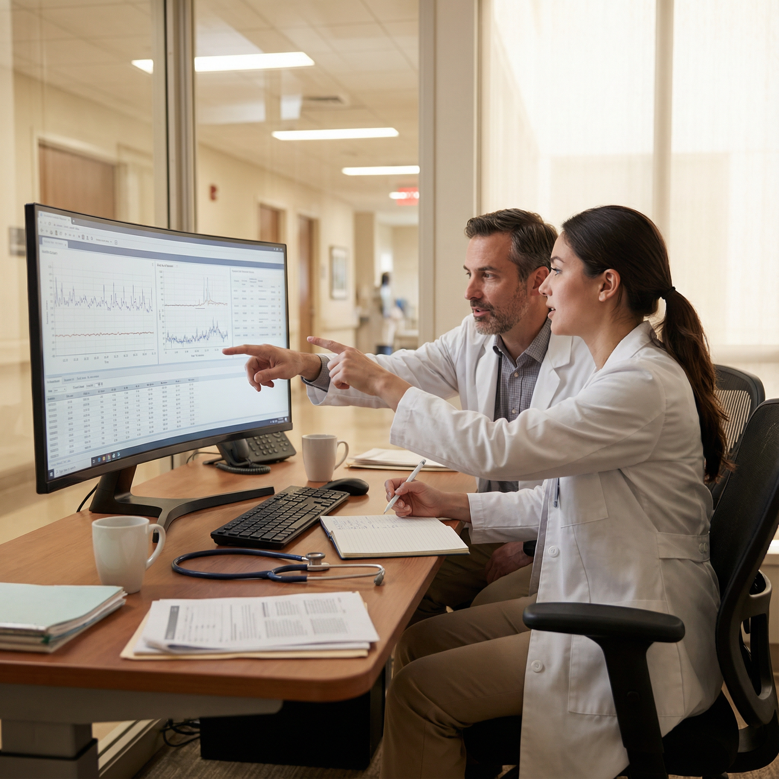 Medical student analyzing clinical data with mentor - research opportunities for Maximize Your Residency Application: Key Res