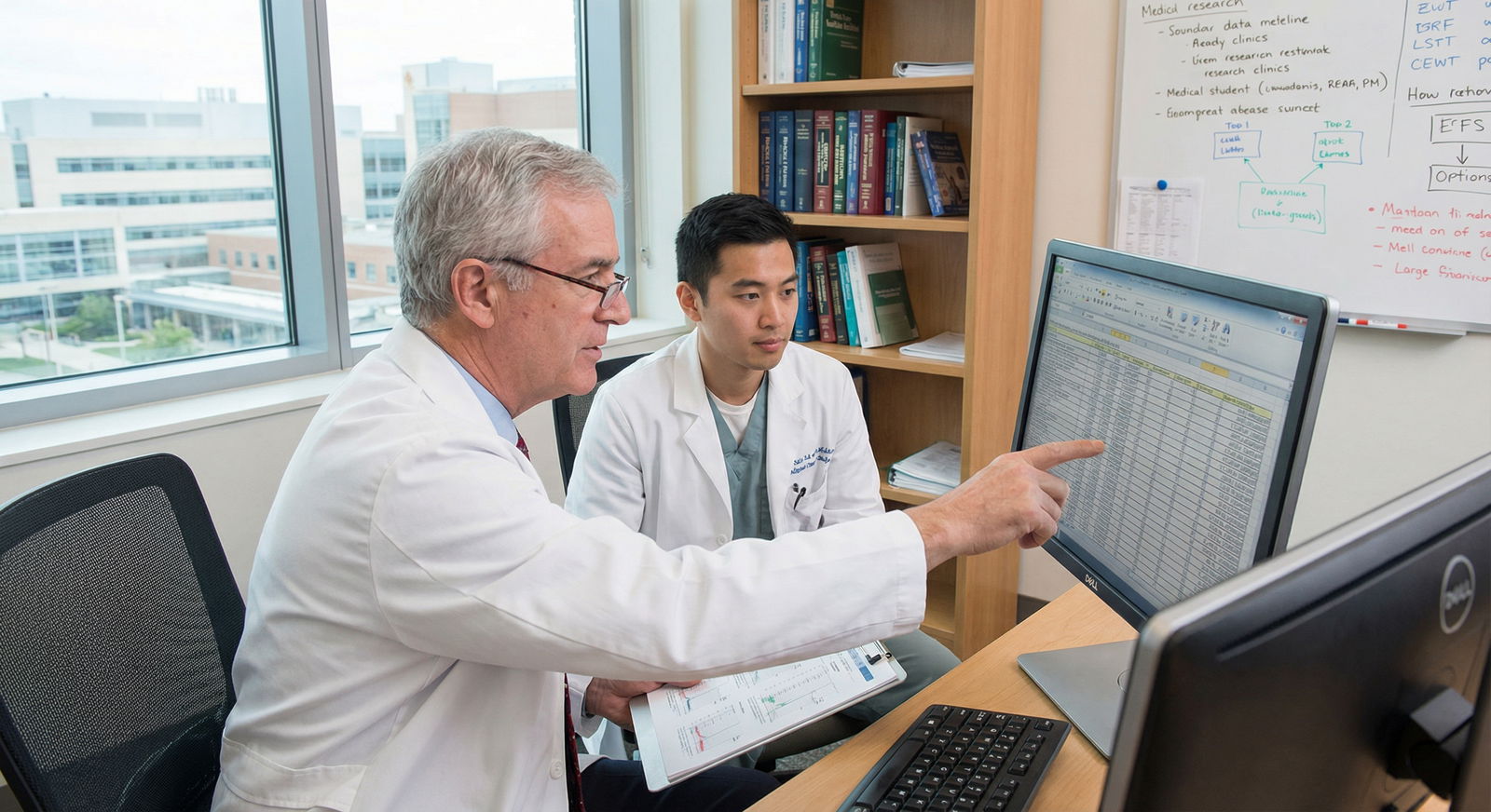 Faculty mentor guiding a medical student through research data Faculty mentor guiding a medical student through research data - Medical Research for Essential Guide for Medical Students: E
