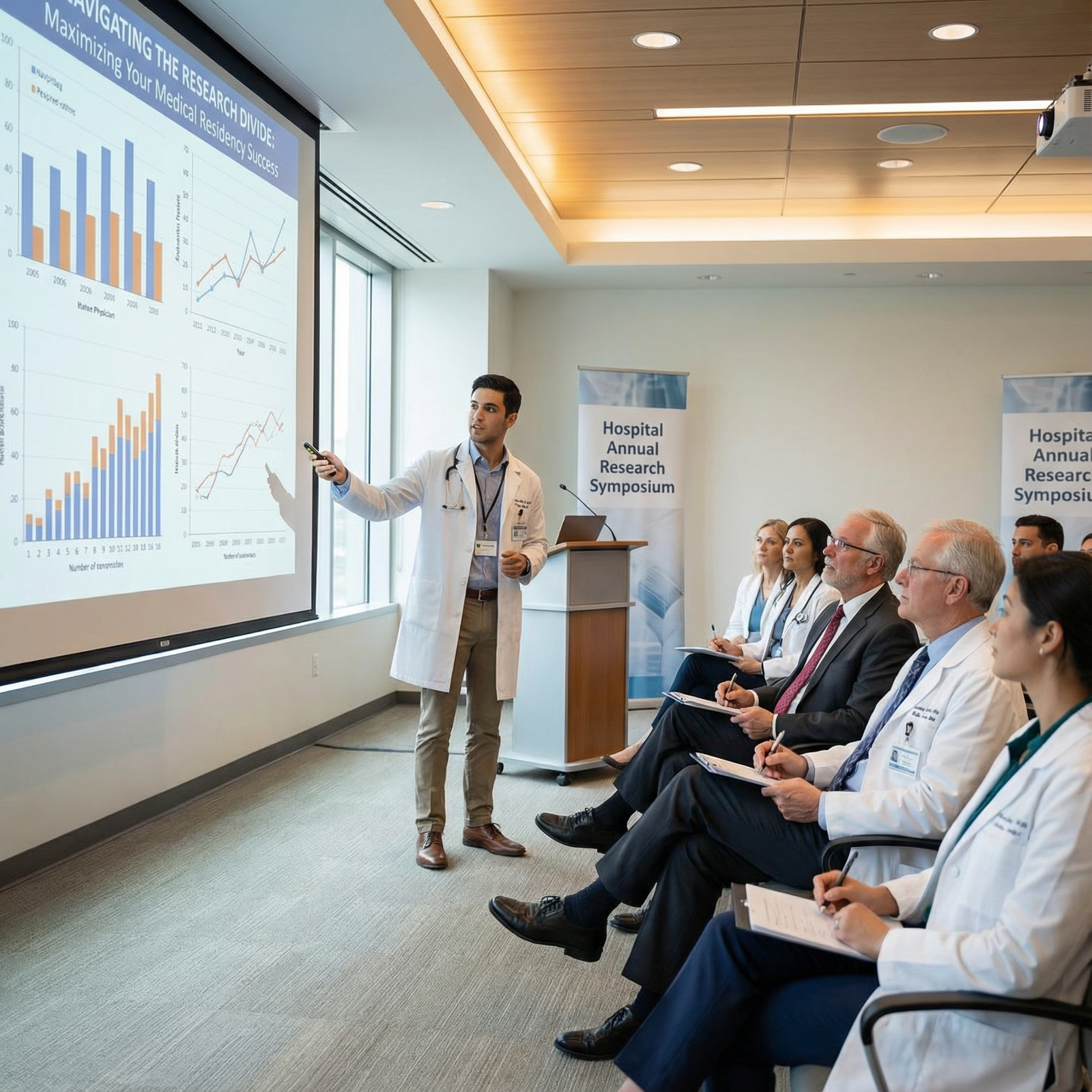 Resident presenting clinical research at a hospital conference - Medical Residency for Navigating the Research Divide: Maximi