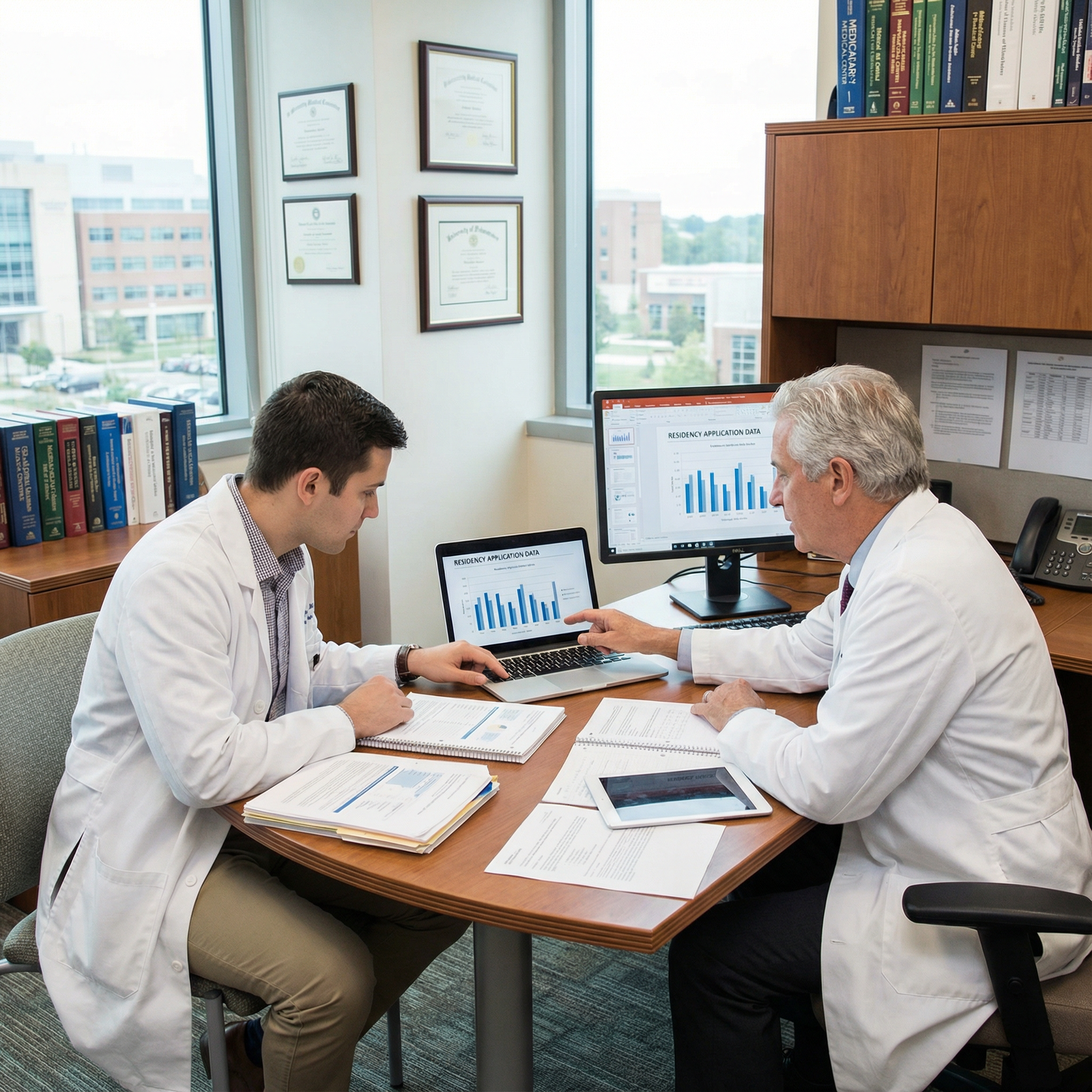 Medical student meeting with research mentor to discuss residency goals - Residency Applications for Transform Your Residency