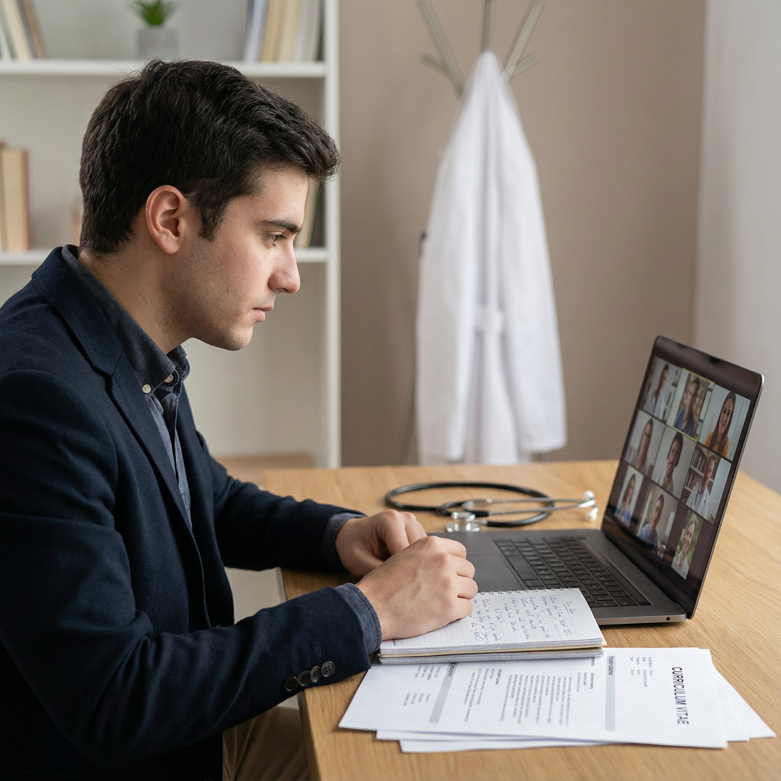 Medical student rehearsing for a virtual residency interview with notes and laptop - Virtual Interviews for Mastering Virtual