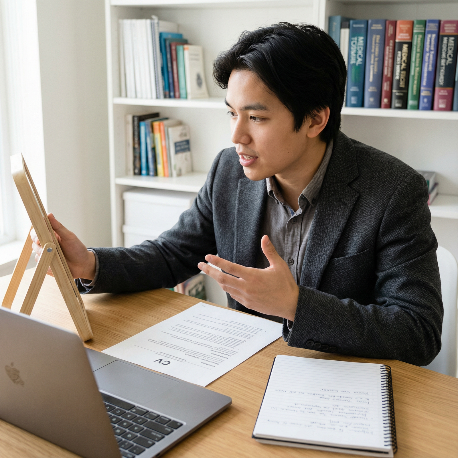 Residency applicant preparing elevator pitch with notes and laptop - Residency Interviews for Master Your Elevator Pitch: Sta