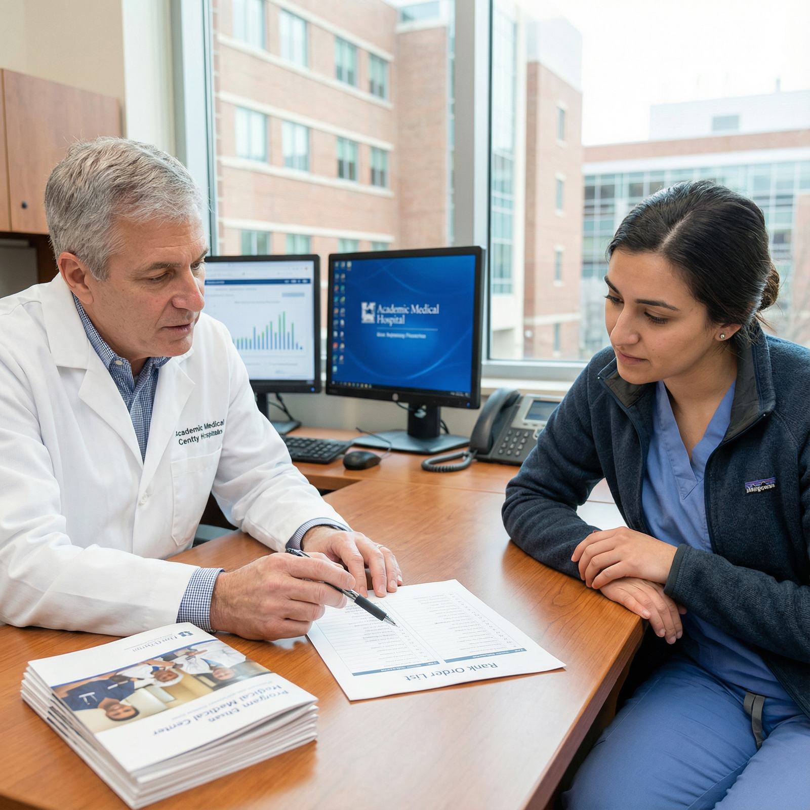 Resident advisor reviewing Rank Order List strategy with a medical student Resident advisor reviewing Rank Order List strategy with a medical student - NRMP Match for Mastering the NRMP Match Algorith