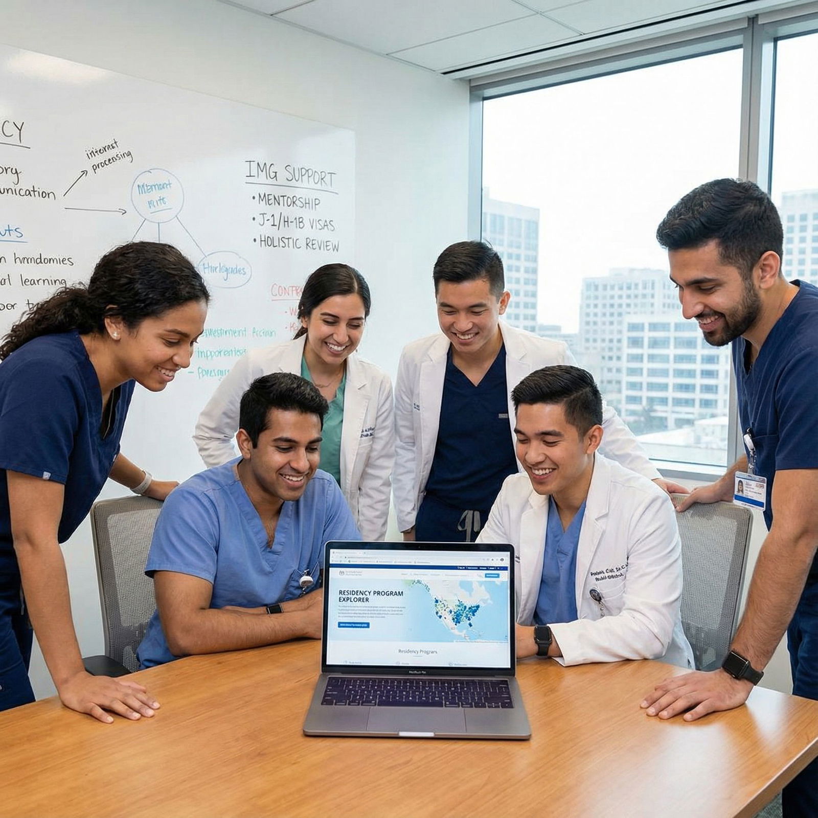 Diverse group of residents discussing IMG-friendly residency policies Diverse group of residents discussing IMG-friendly residency policies - International Medical Graduates for Discover IMG-Frie