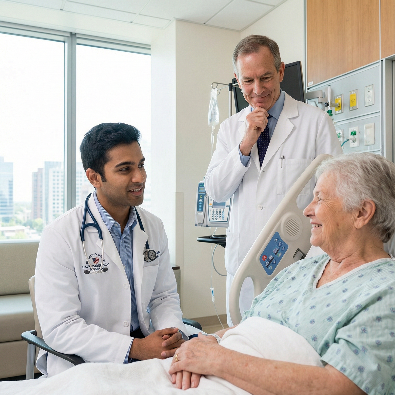 International medical graduate resident counseling a patient with supervising physician - IMG-friendly residency for Unlock Y
