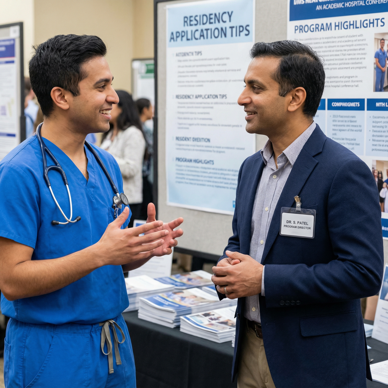 Resident physician speaking with program director during an open house Resident physician speaking with program director during an open house - Residency Applications for Optimize Your Residency R