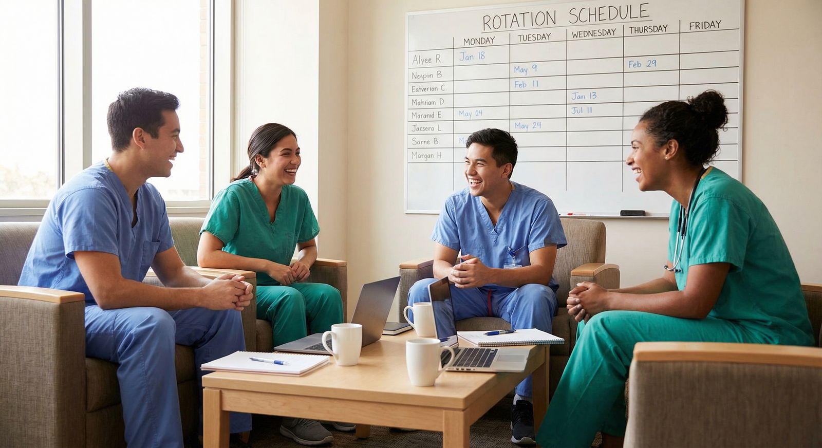 Residents discussing training and program culture in a hospital lounge Residents discussing training and program culture in a hospital lounge - Residency Match for Essential Residency Match Guide:
