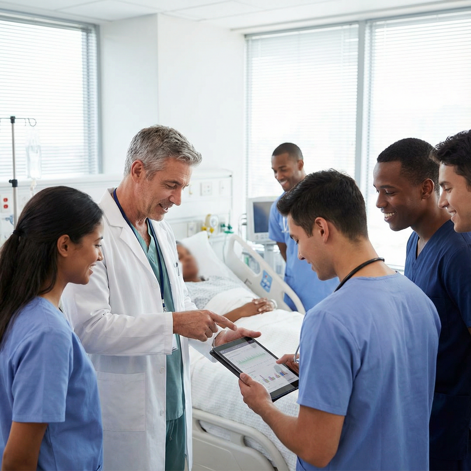 Resident working with medical students during inpatient teaching rounds - USMLE for Mastering Your Residency Application with