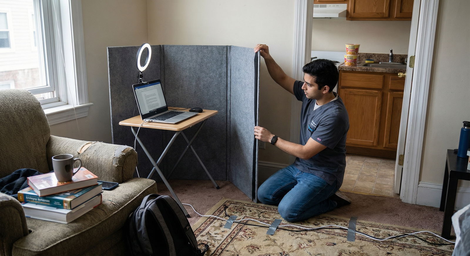Medical student optimizing limited space for a professional video interview setup Medical student optimizing limited space for a professional video interview setup - Video Interview for Mastering Your Video
