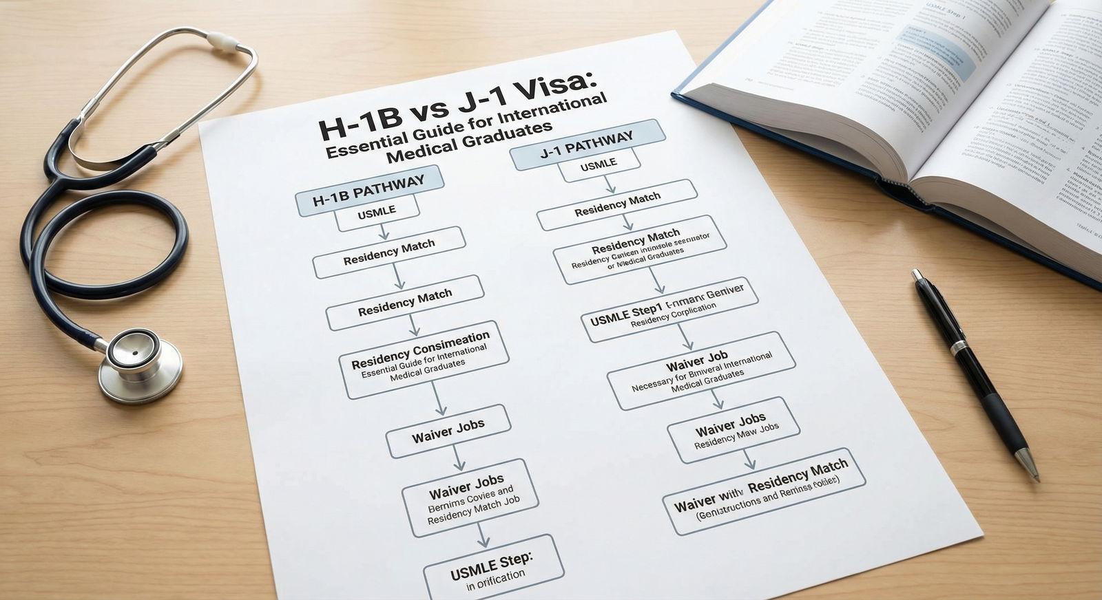Flowchart comparing H-1B and J-1 visa pathways for IMGs - H-1B Visa for H-1B vs J-1 Visa: Essential Guide for International M