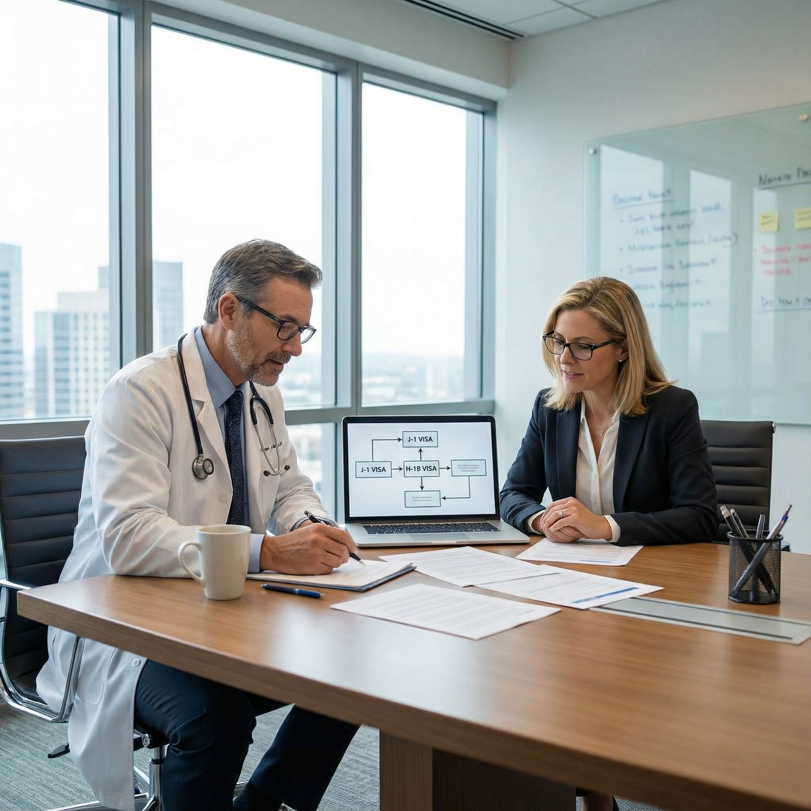 Physician consulting with immigration advisor about visa options - Visa Transition for Essential Guide for IMGs: Transitionin